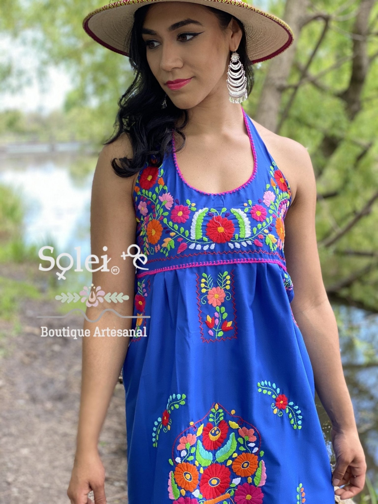 Halter strap neck dress, hand embroidered floral dress. - Solei Store