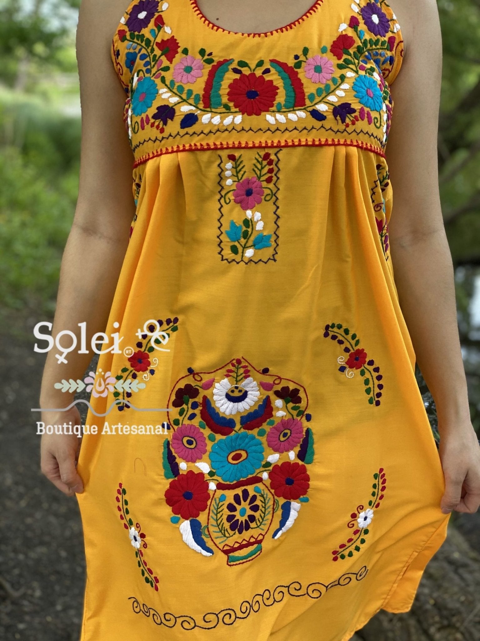 Halter strap neck dress, hand embroidered floral dress. - Solei Store