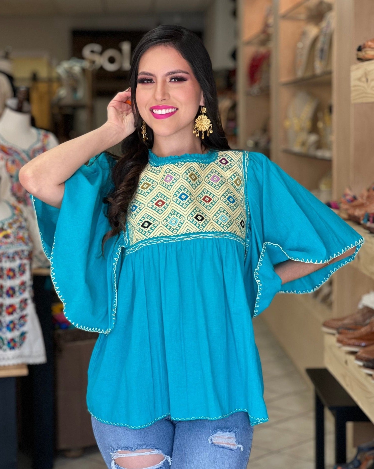 Hand Embroidered Mexican Tunic Blouse. Luz Maria Blouse. - Solei Store