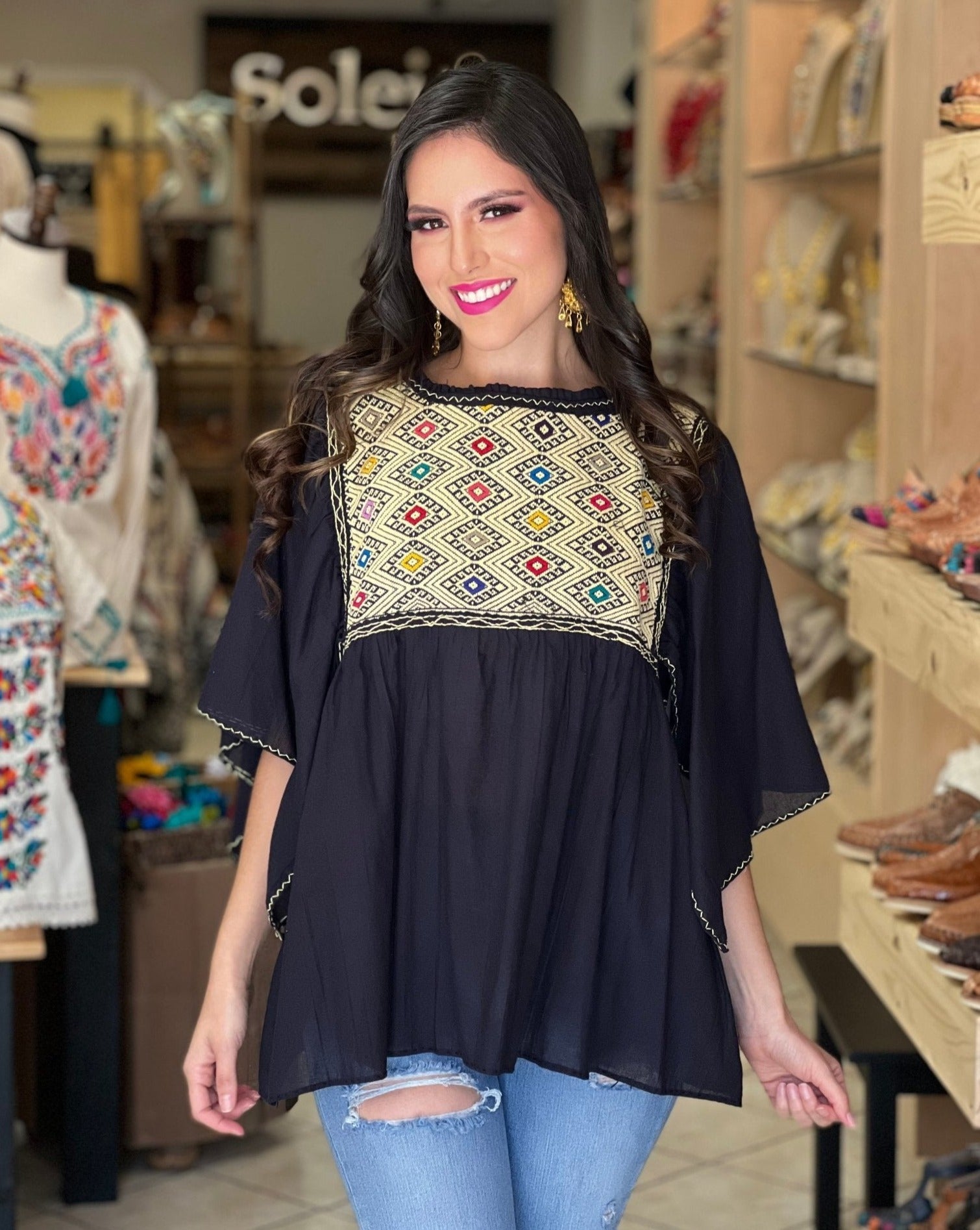 Hand Embroidered Mexican Tunic Blouse. Luz Maria Blouse. - Solei Store