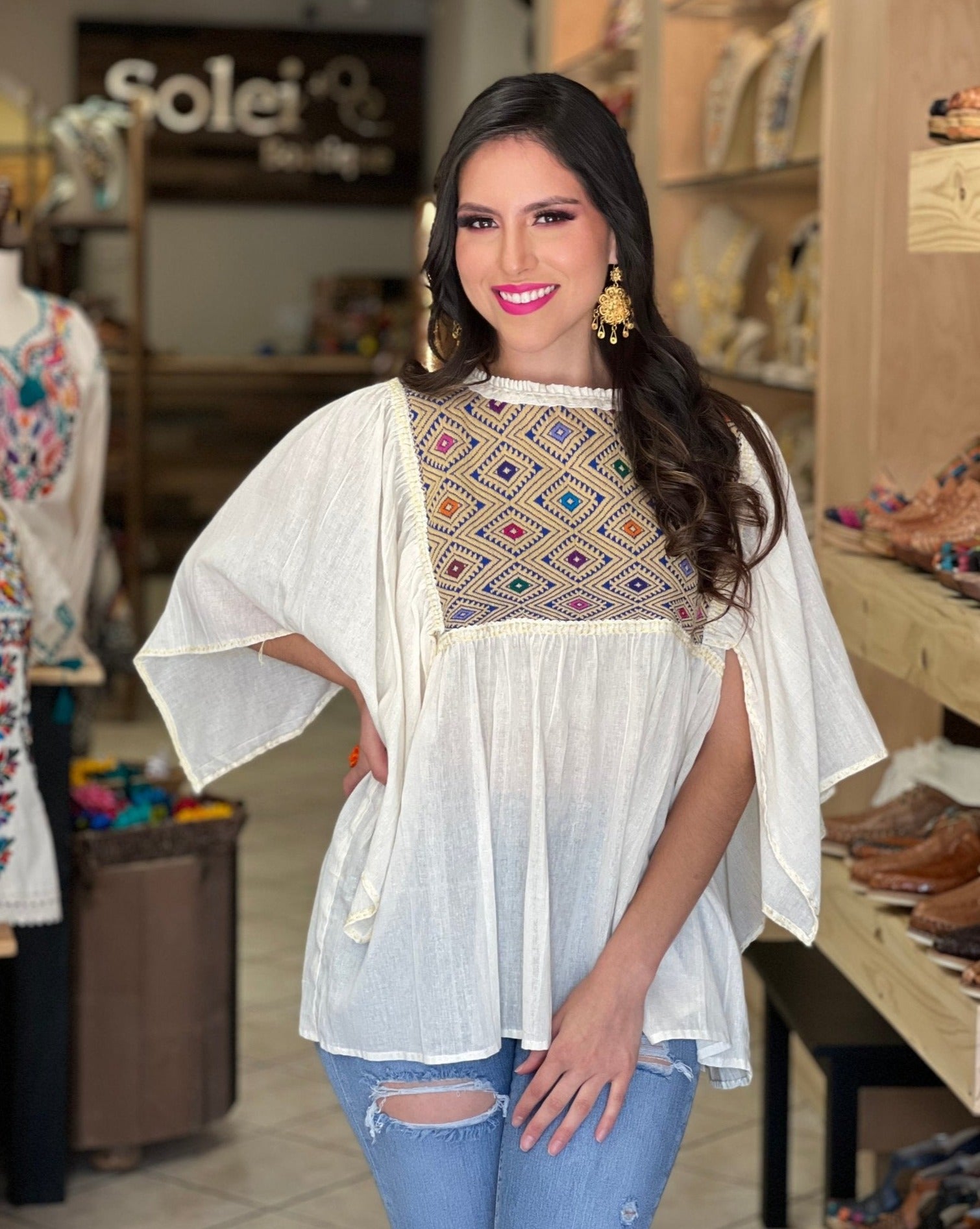 Hand Embroidered Mexican Tunic Blouse. Luz Maria Blouse. - Solei Store