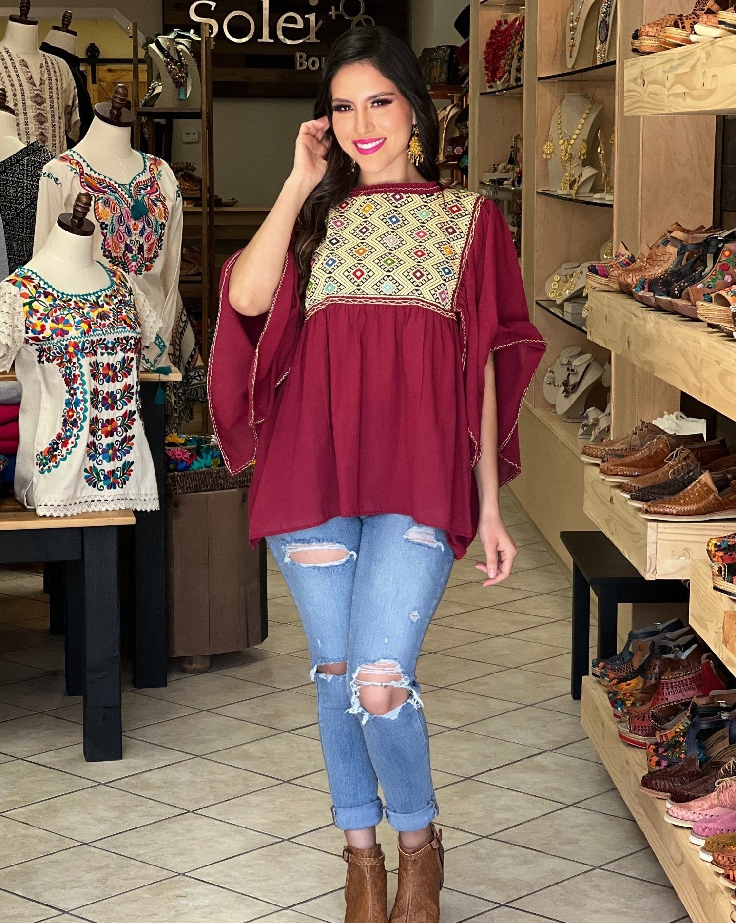 Hand Embroidered Mexican Tunic Blouse. Luz Maria Blouse. - Solei Store