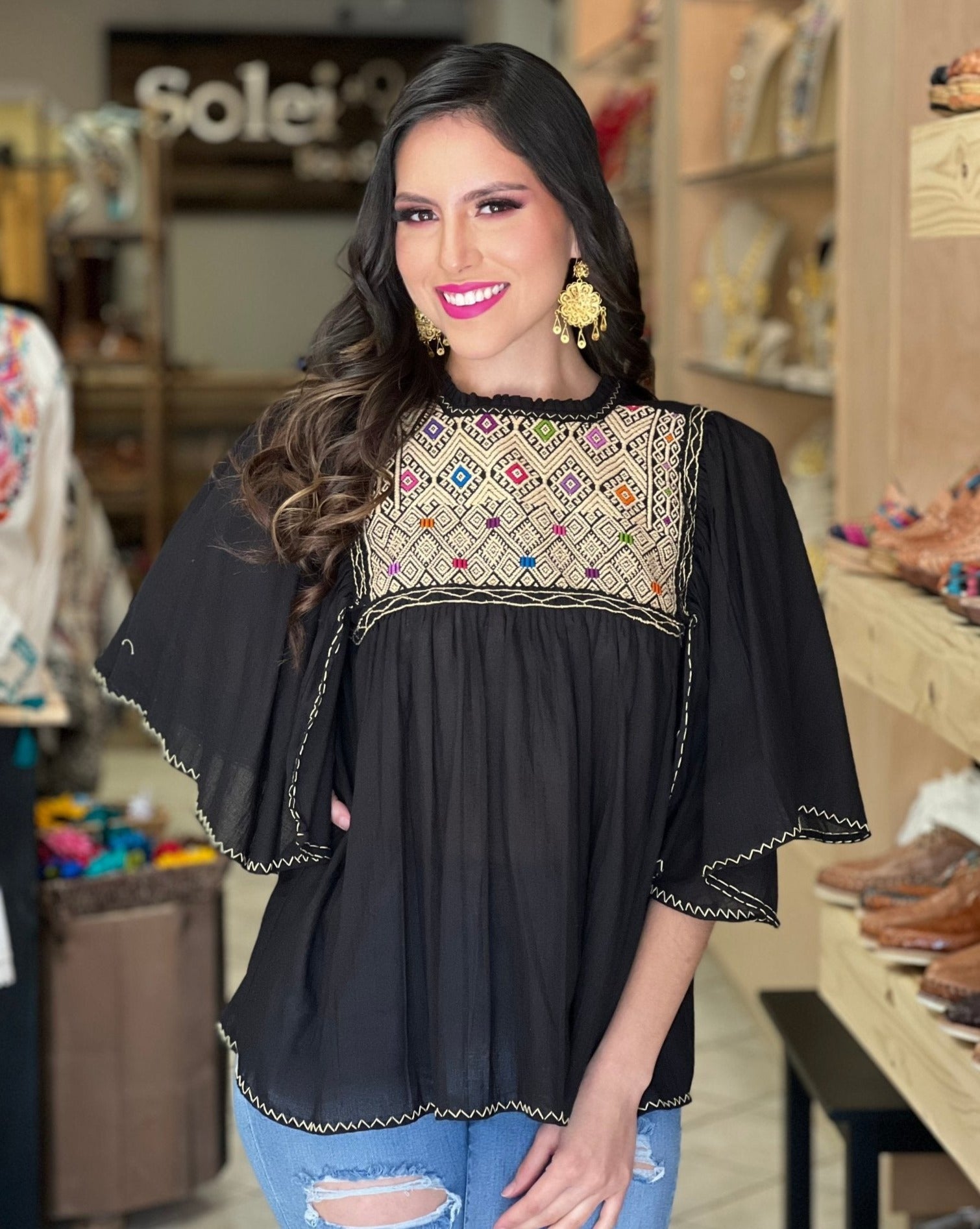 Hand Embroidered Mexican Tunic Blouse. Luz Maria Blouse. - Solei Store