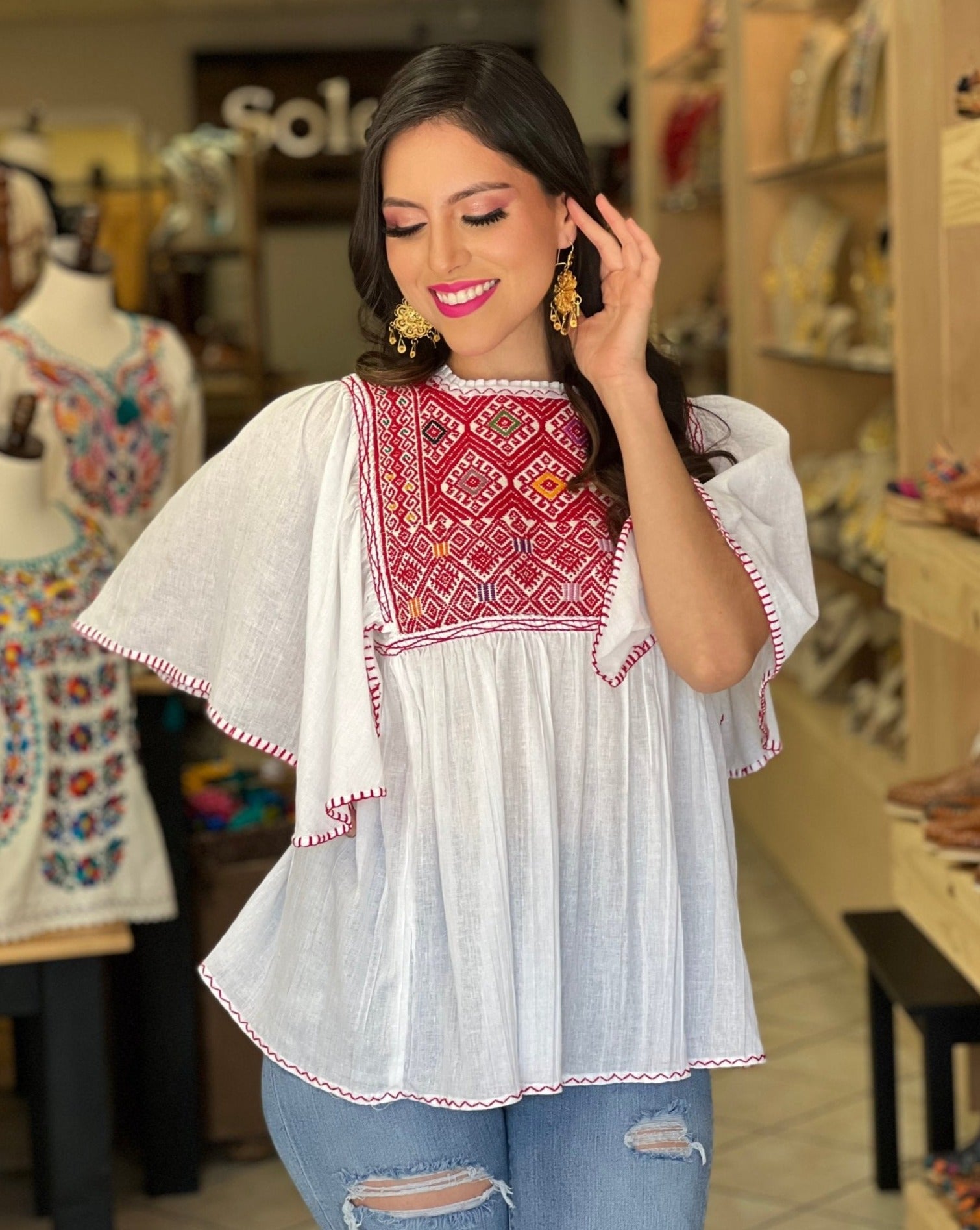 Hand Embroidered Mexican Tunic Blouse. Luz Maria Blouse. - Solei Store