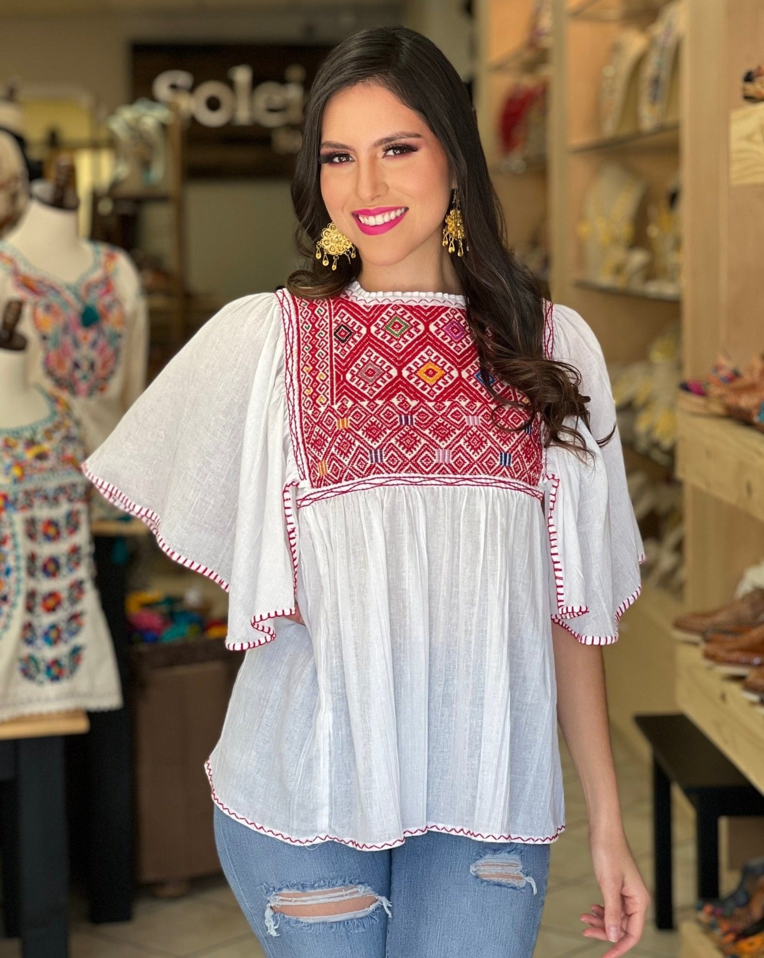 Hand Embroidered Mexican Tunic Blouse. Luz Maria Blouse. - Solei Store