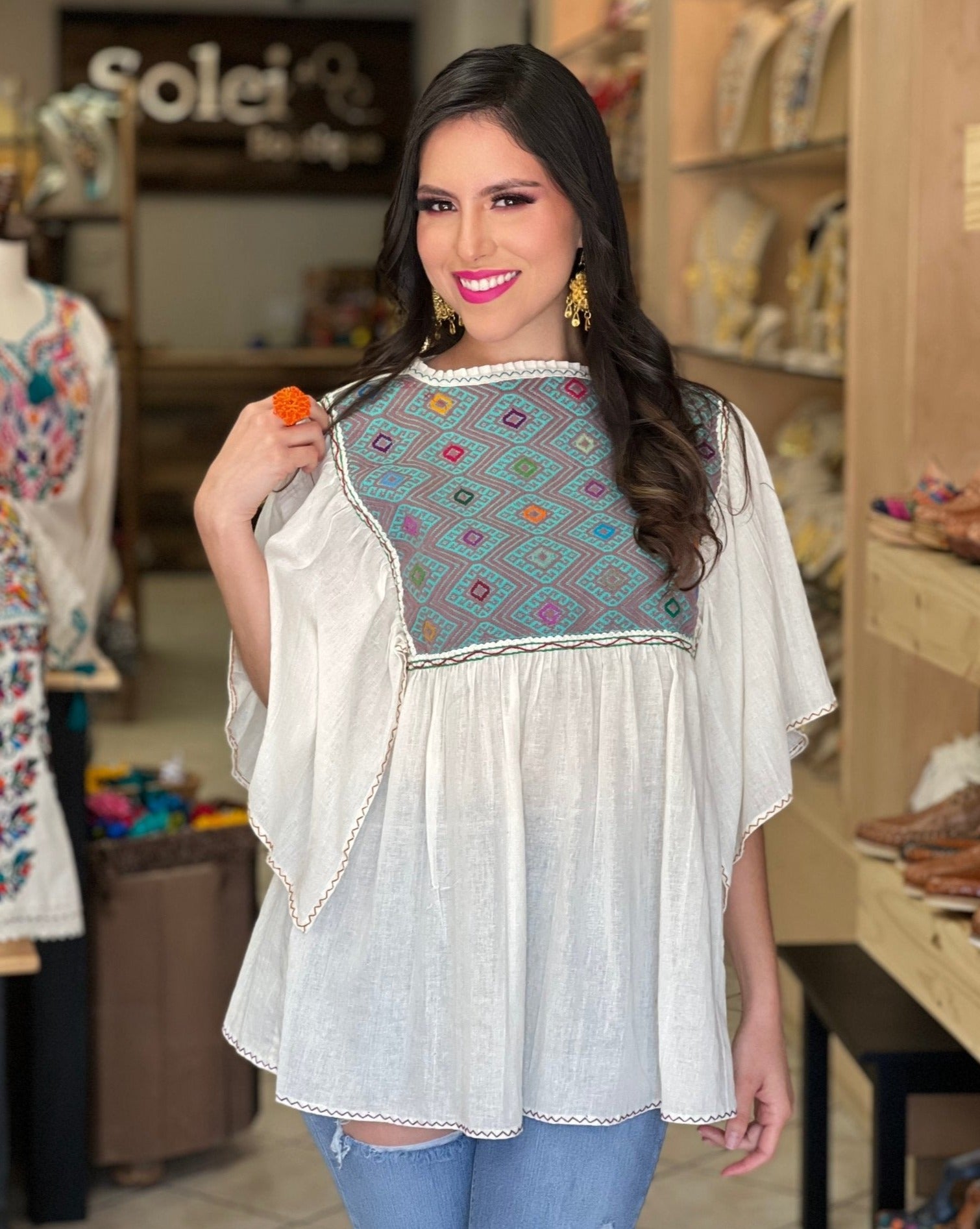 Hand Embroidered Mexican Tunic Blouse. Luz Maria Blouse. - Solei Store