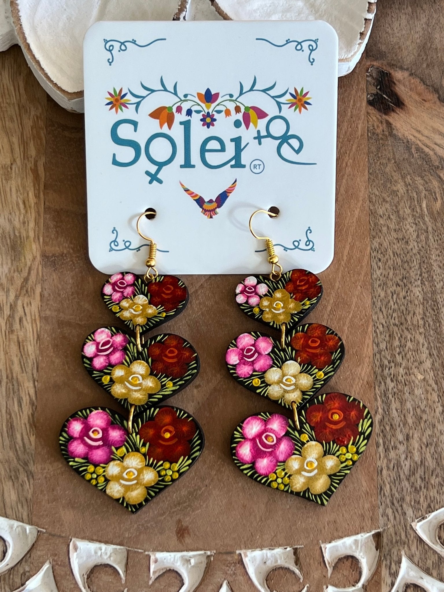 Hand Painted Dangle Artisanal Earrings. Aretes Corazones. - Solei Store