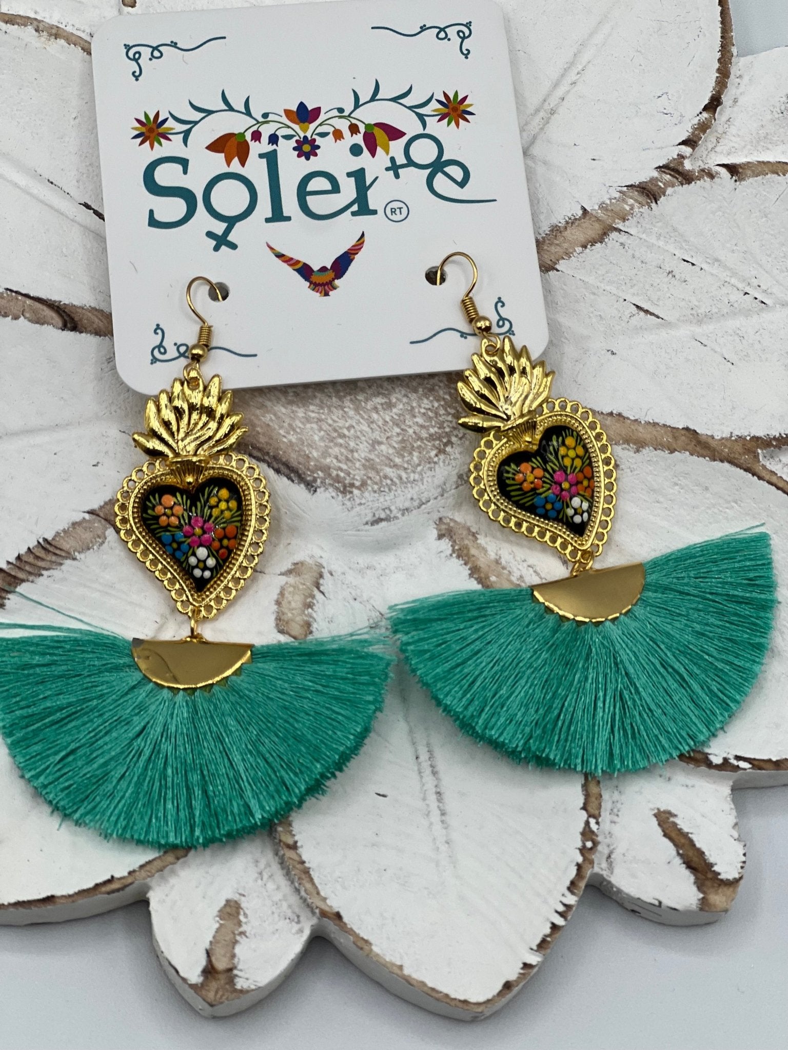 Hand Painted Heart Earrings. Corazon Sagrado Abanico Earrings. - Solei Store