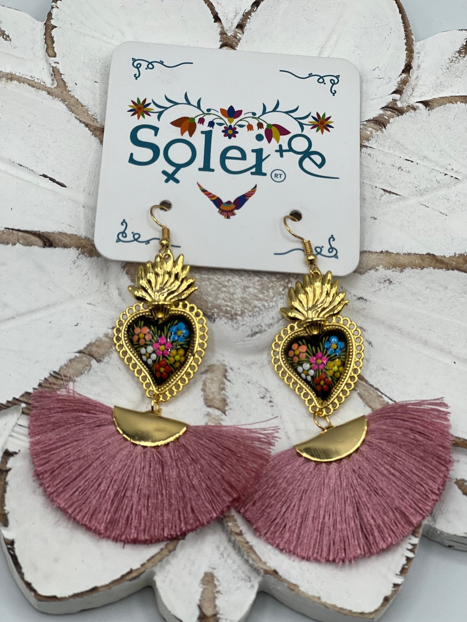 Hand Painted Heart Earrings. Corazon Sagrado Abanico Earrings. - Solei Store