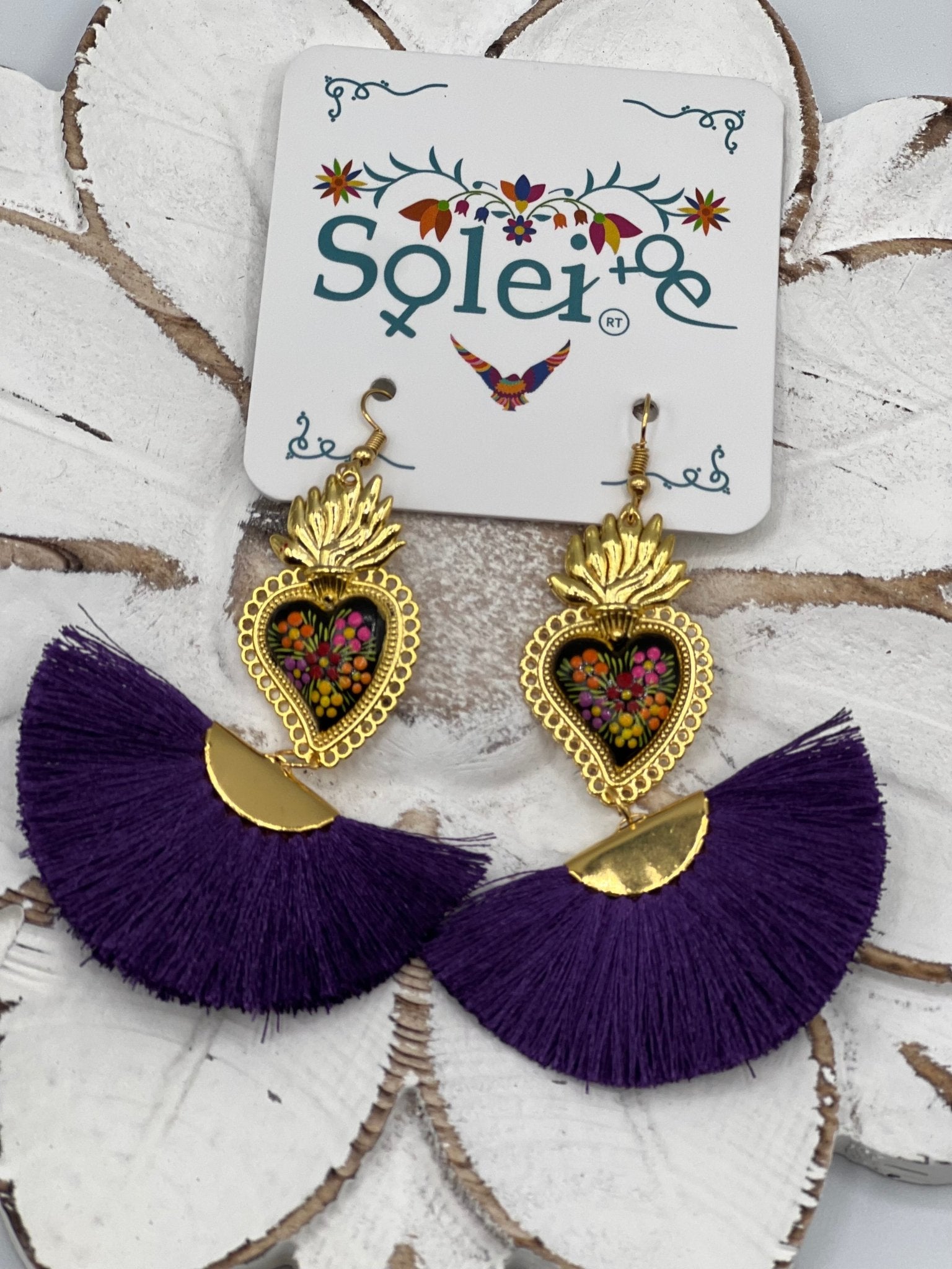 Hand Painted Heart Earrings. Corazon Sagrado Abanico Earrings. - Solei Store