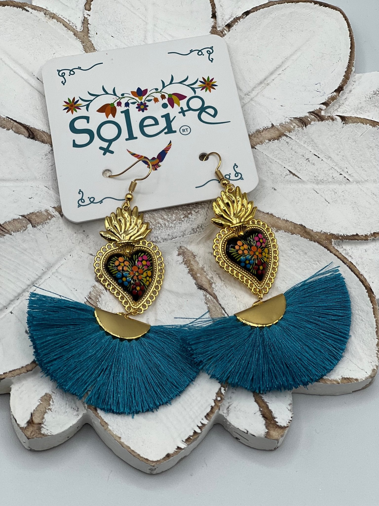 Hand Painted Heart Earrings. Corazon Sagrado Abanico Earrings. - Solei Store
