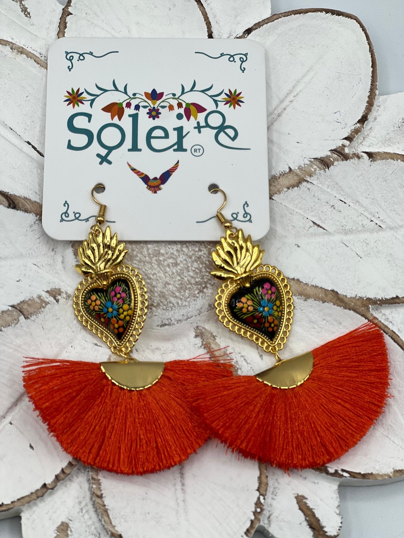 Hand Painted Heart Earrings. Corazon Sagrado Abanico Earrings. - Solei Store