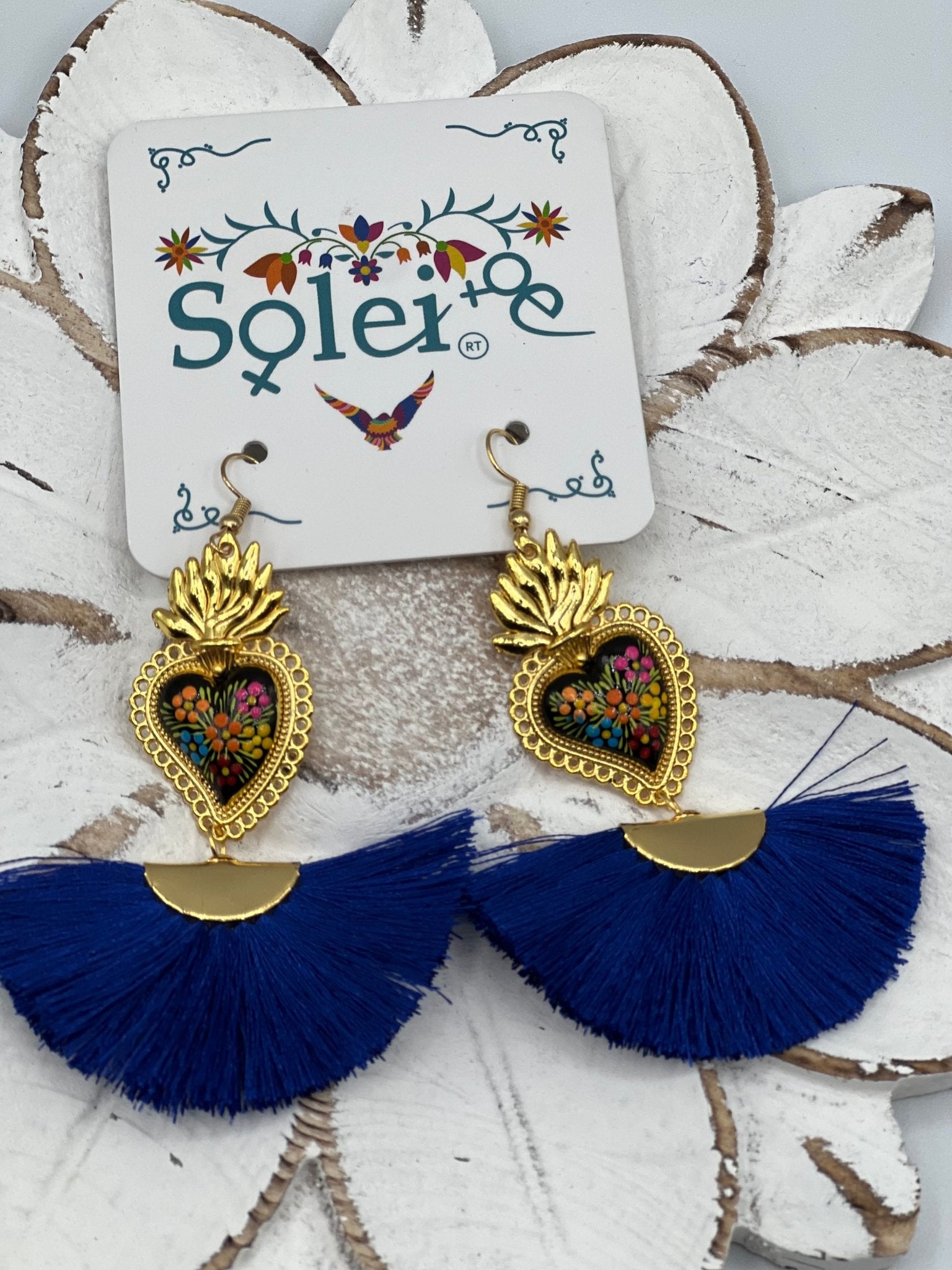 Hand Painted Heart Earrings. Corazon Sagrado Abanico Earrings. - Solei Store
