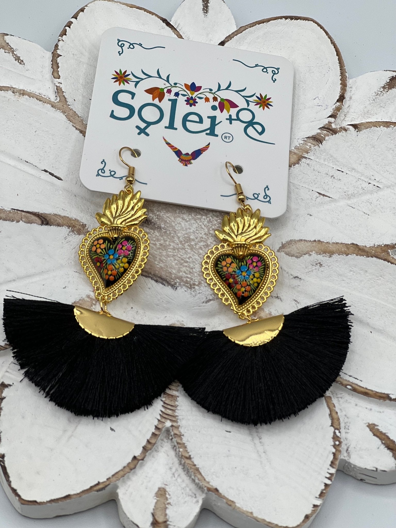 Hand Painted Heart Earrings. Corazon Sagrado Abanico Earrings. - Solei Store