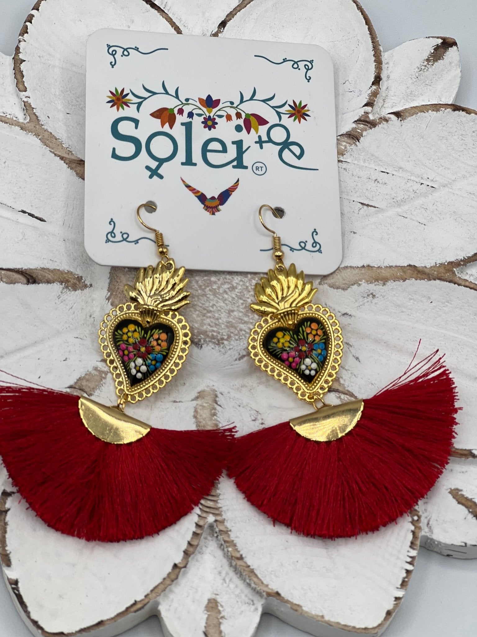 Hand Painted Heart Earrings. Corazon Sagrado Abanico Earrings. - Solei Store