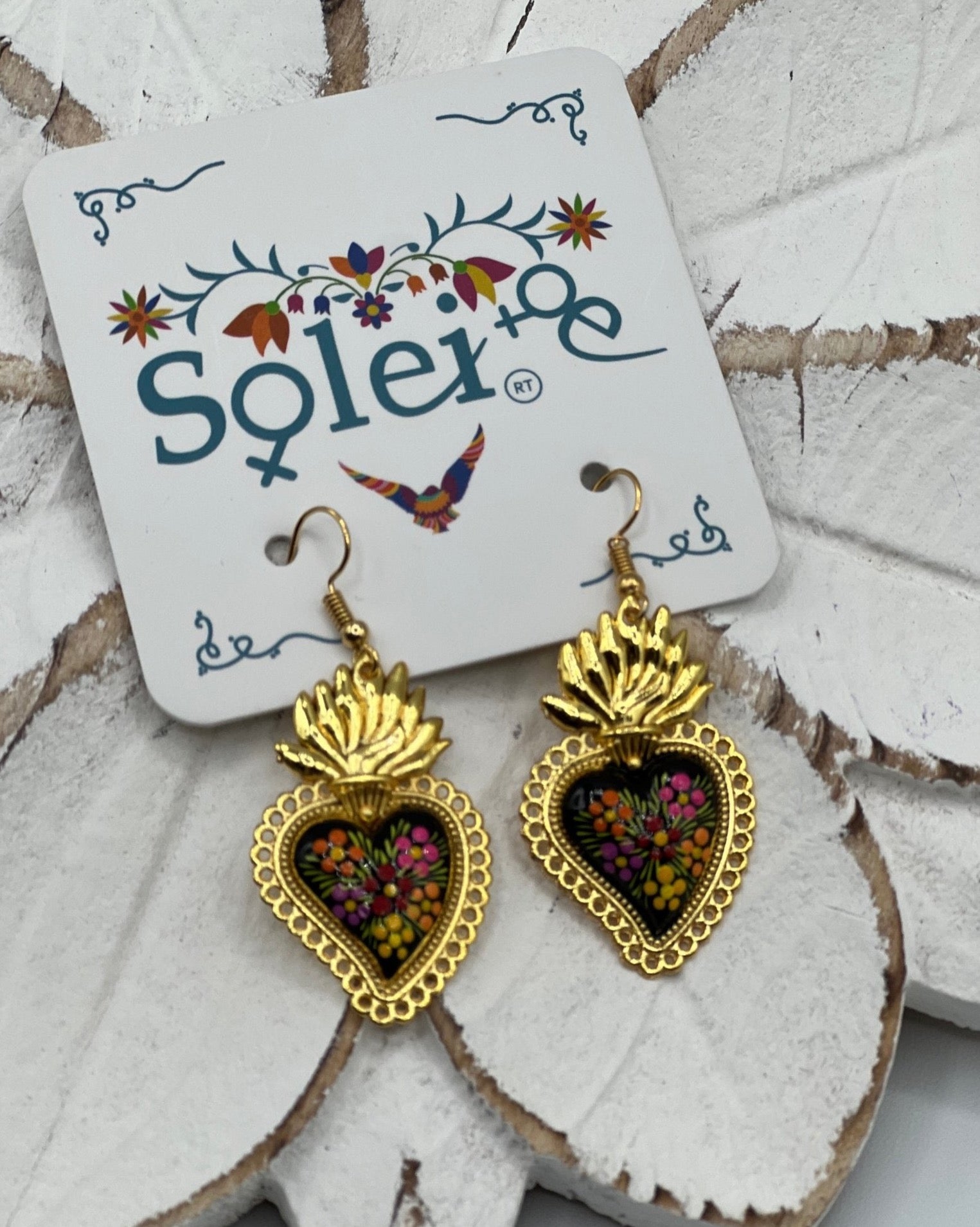 Hand Painted Heart Earrings. Corazon Sagrado Earrings. - Solei Store