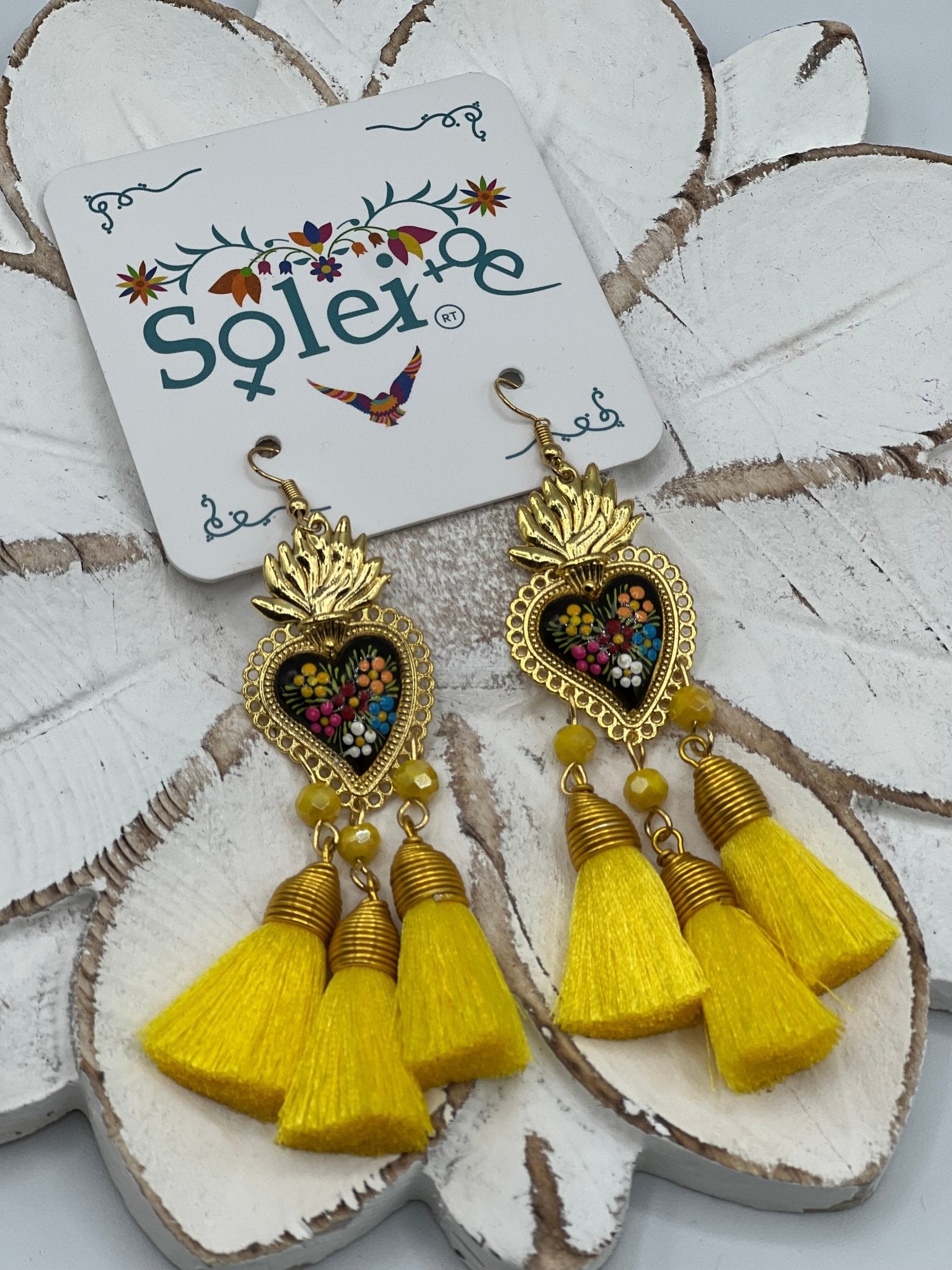 Hand Painted Heart Tassle Earrings. Corazon Sagrado 3 Borlas Earrings. - Solei Store