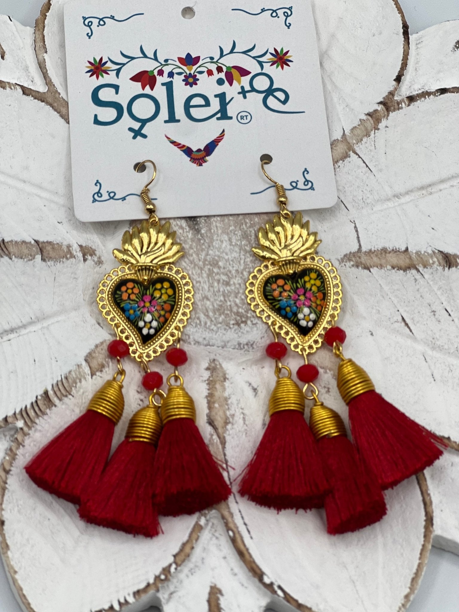 Hand Painted Heart Tassle Earrings. Corazon Sagrado 3 Borlas Earrings. - Solei Store