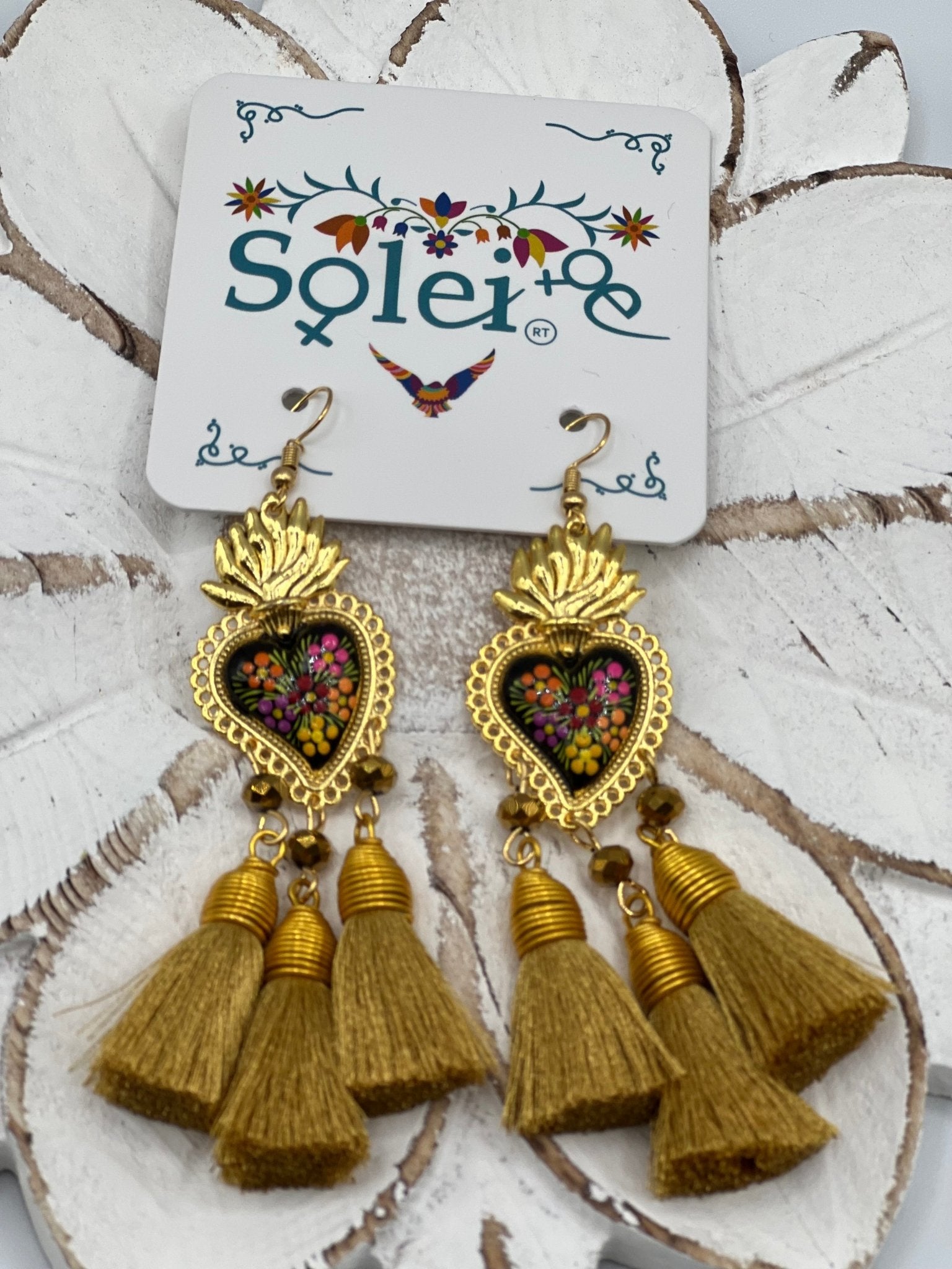 Hand Painted Heart Tassle Earrings. Corazon Sagrado 3 Borlas Earrings. - Solei Store