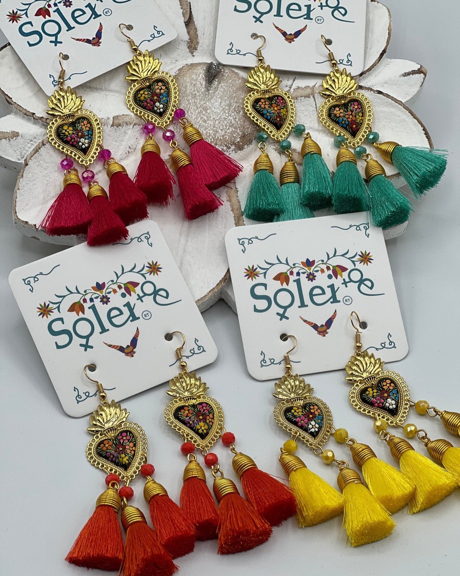 Hand Painted Heart Tassle Earrings. Corazon Sagrado 3 Borlas Earrings. - Solei Store