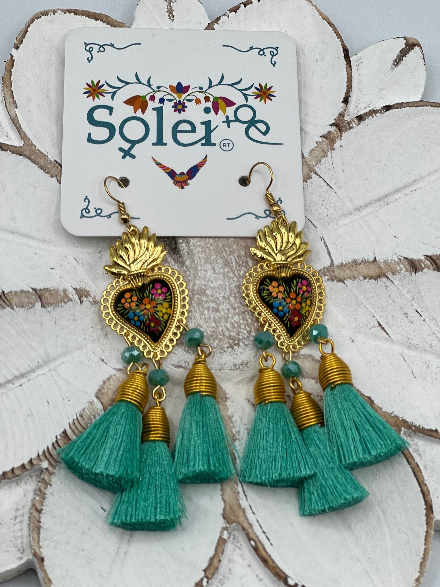 Hand Painted Heart Tassle Earrings. Corazon Sagrado 3 Borlas Earrings. - Solei Store