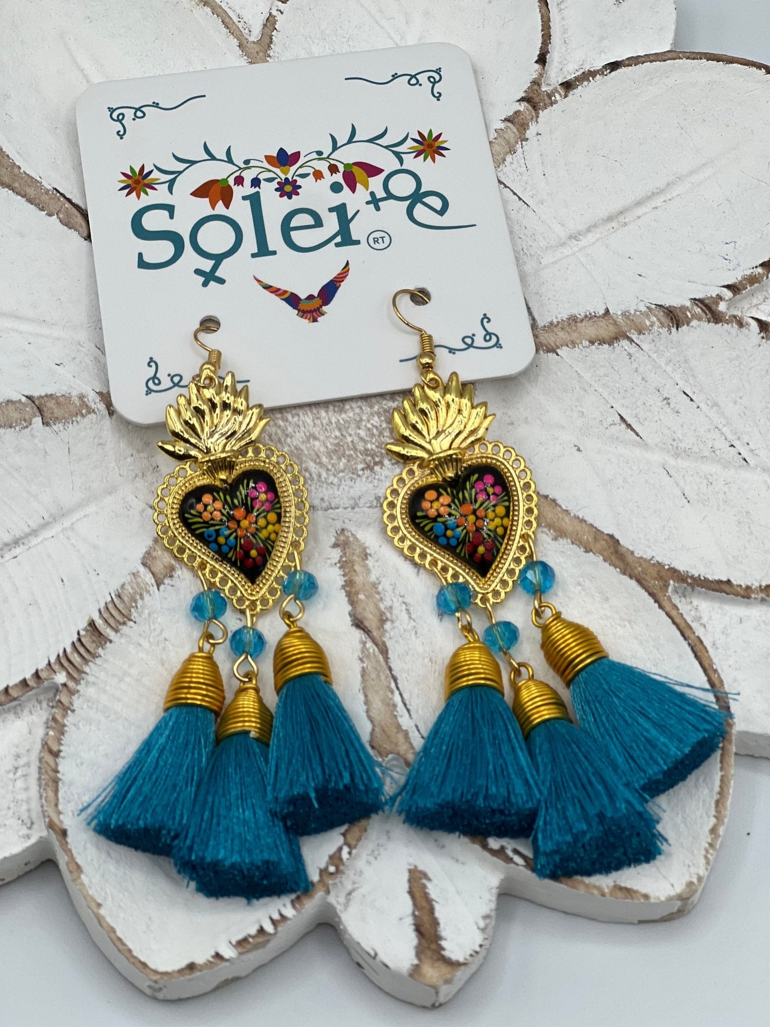 Hand Painted Heart Tassle Earrings. Corazon Sagrado 3 Borlas Earrings. - Solei Store
