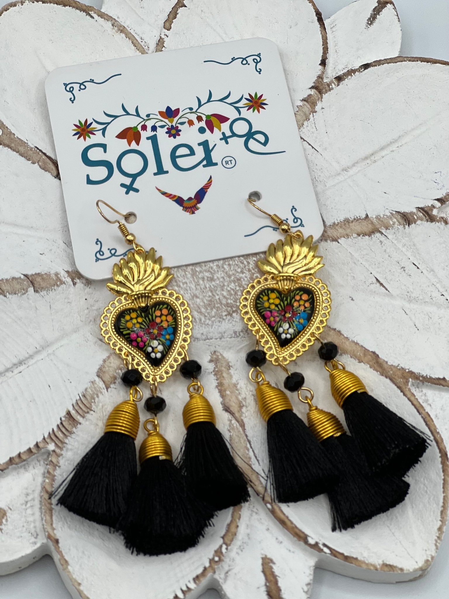 Hand Painted Heart Tassle Earrings. Corazon Sagrado 3 Borlas Earrings. - Solei Store