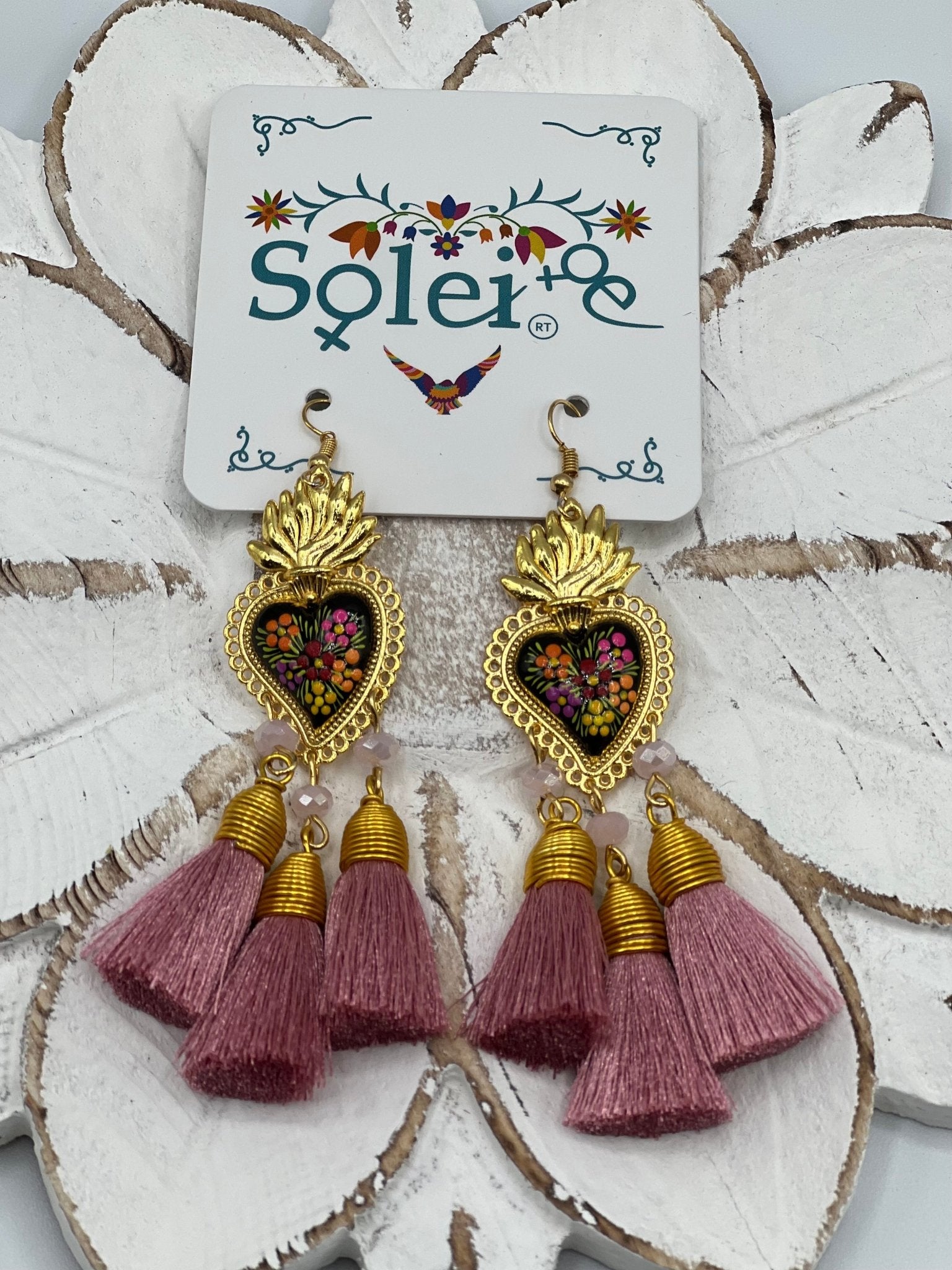 Hand Painted Heart Tassle Earrings. Corazon Sagrado 3 Borlas Earrings. - Solei Store