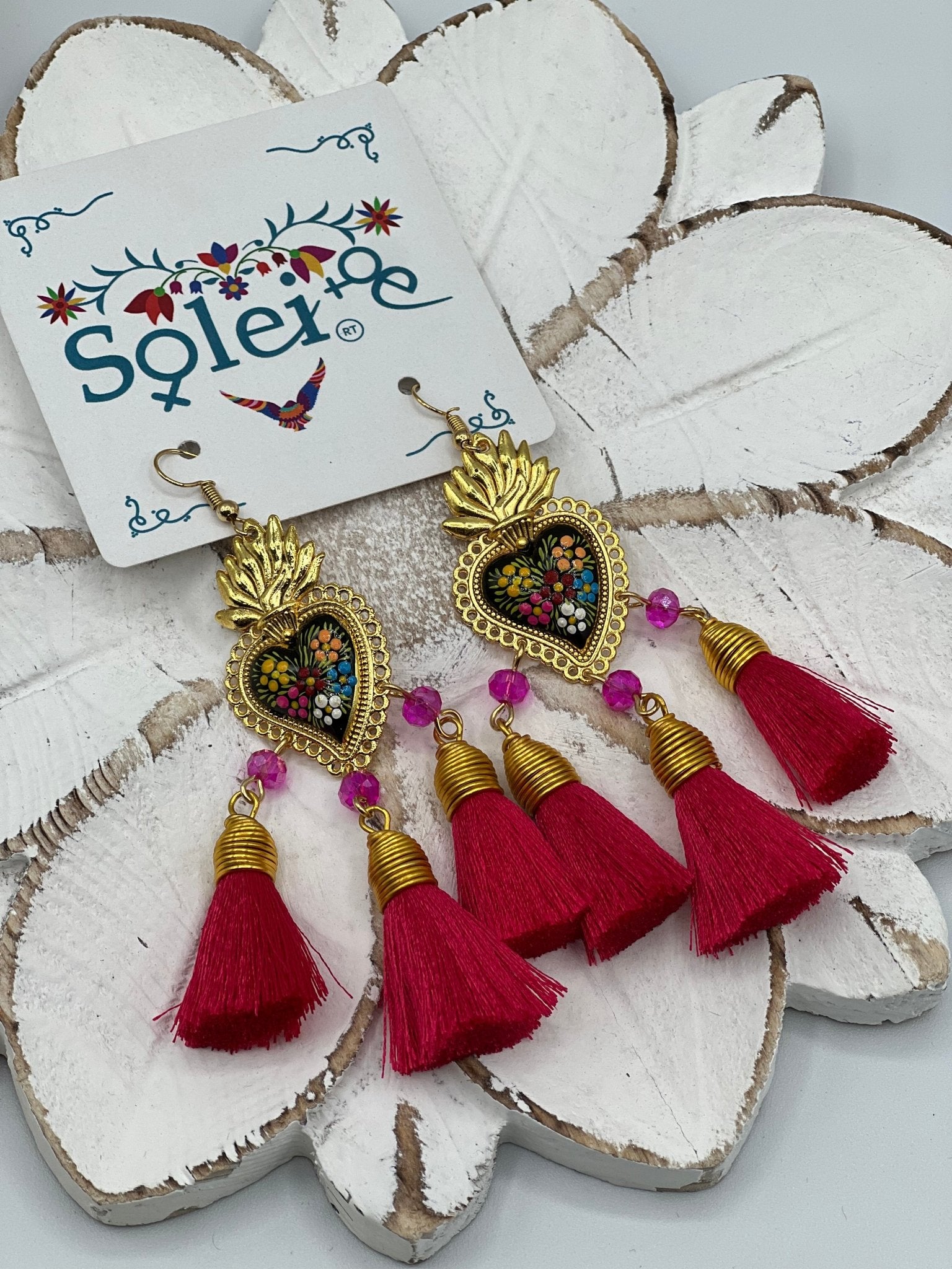 Hand Painted Heart Tassle Earrings. Corazon Sagrado 3 Borlas Earrings. - Solei Store