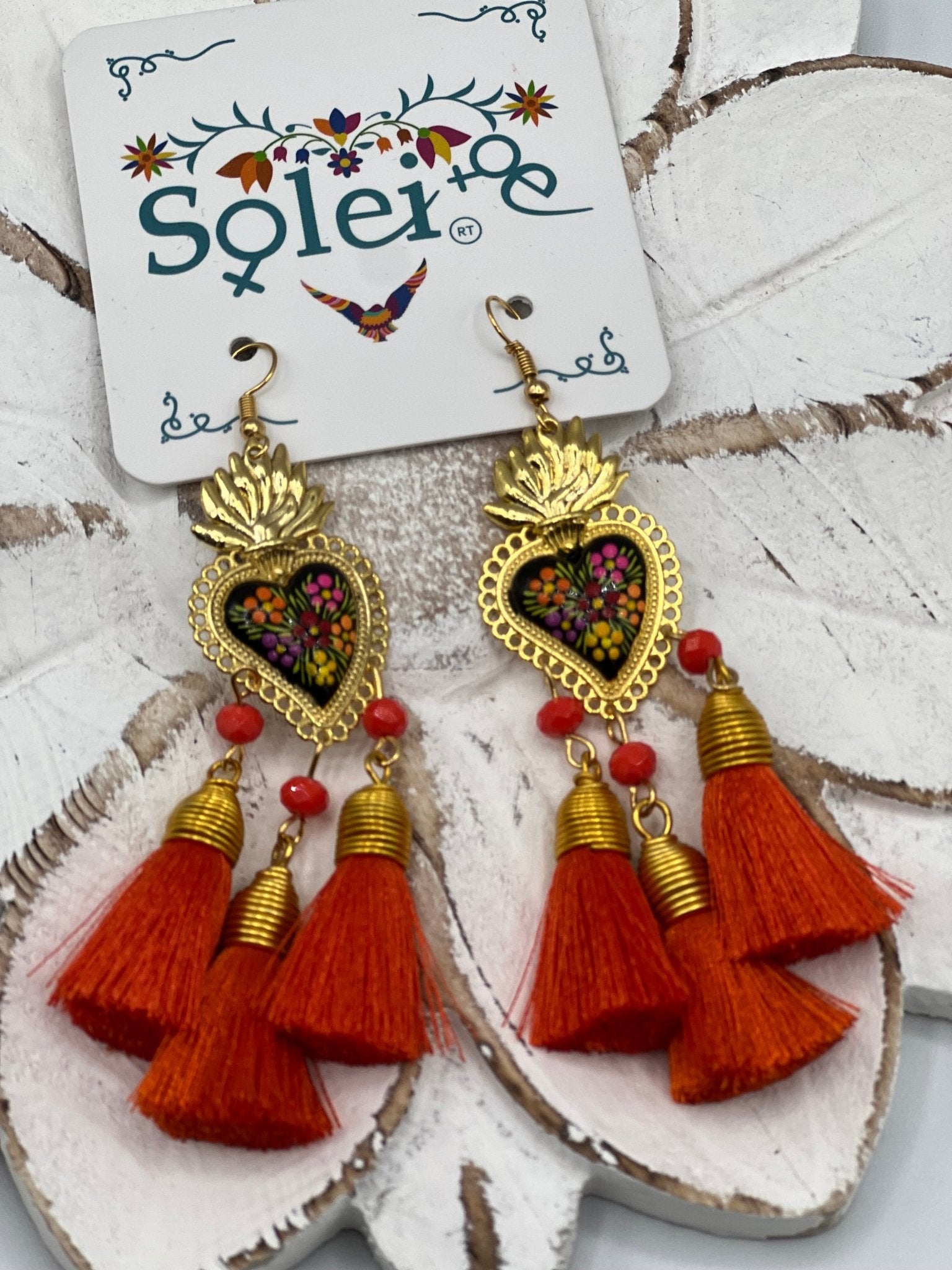 Hand Painted Heart Tassle Earrings. Corazon Sagrado 3 Borlas Earrings. - Solei Store