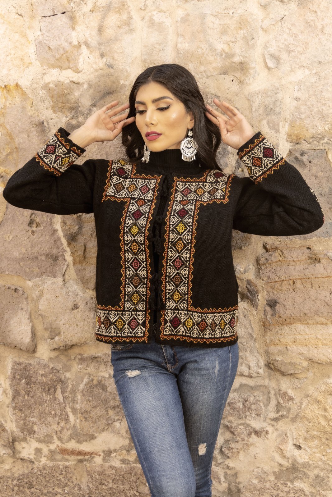 Mexican Artisanal Knit Sweater.Black Sweater/Ochre Tones Design