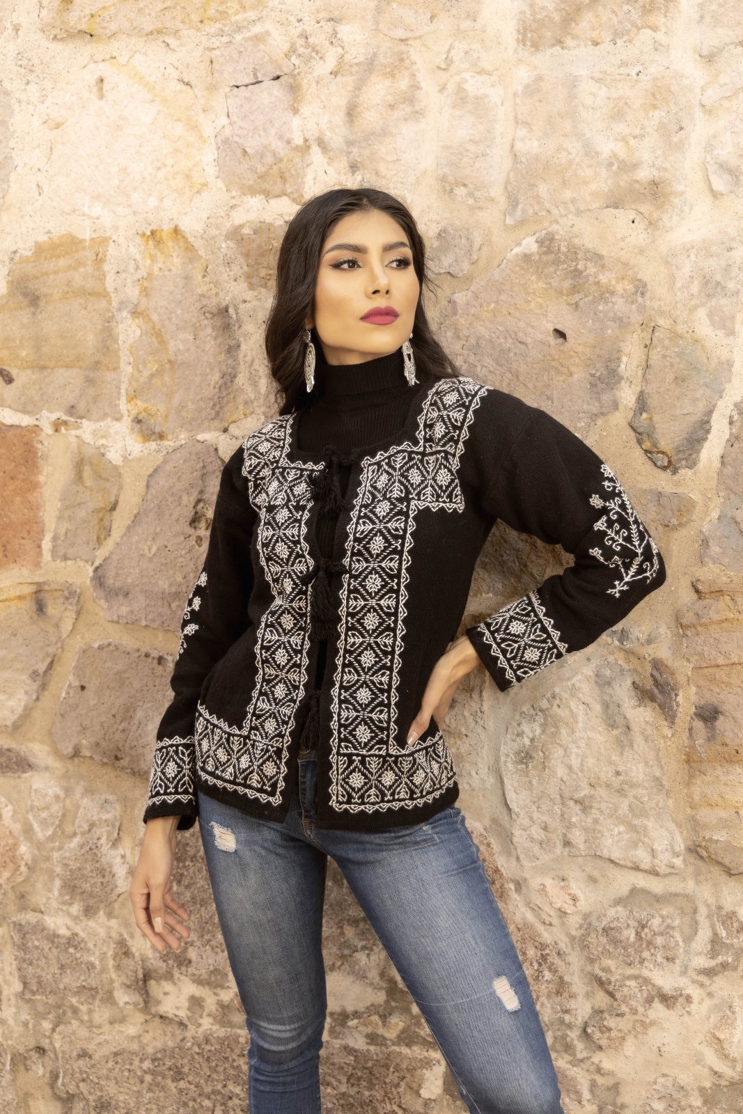 Mexican Artisanal Knit Sweater.Black Sweater/Ivory Design