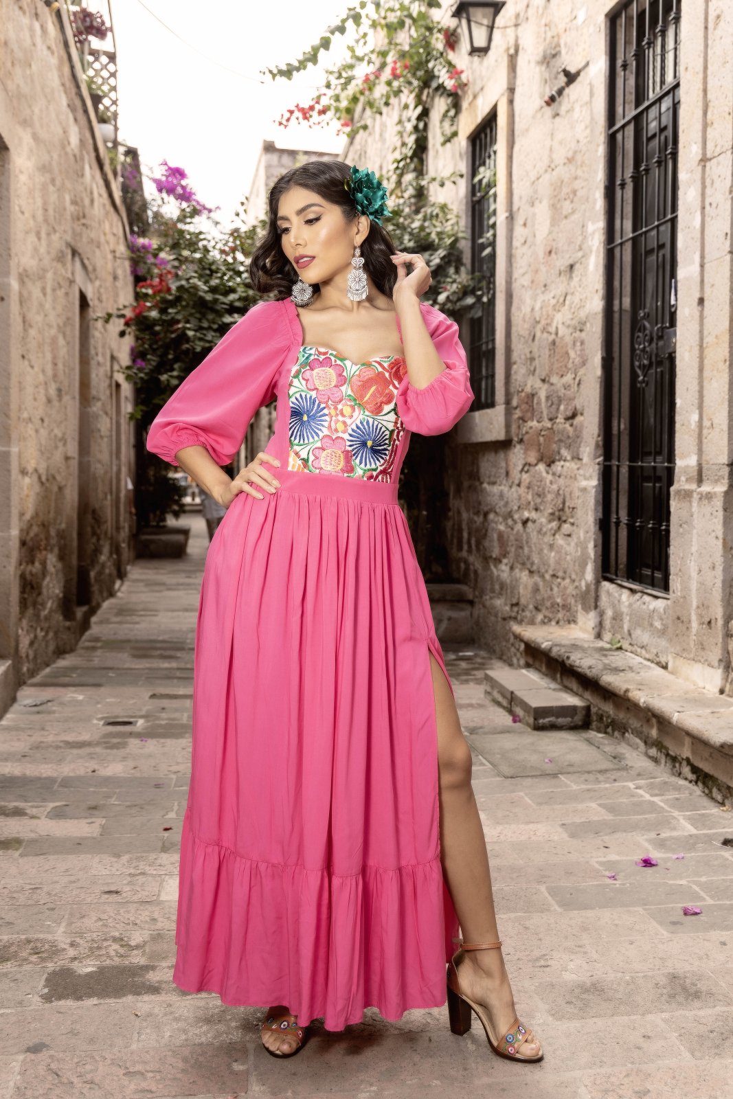 Multicolor Floral Mexican Dress. Fuchsia Dress-Multicolor Floral Design