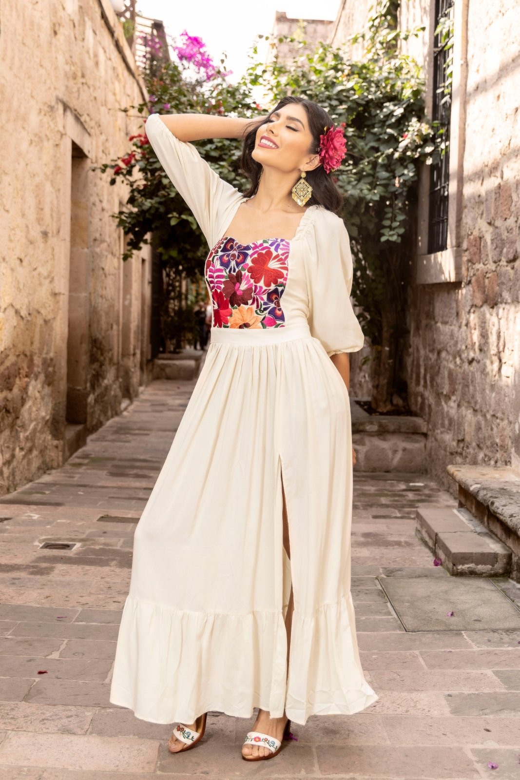 Multicolor Floral Mexican Dress. Beige Dress-Multicolor Floral Design