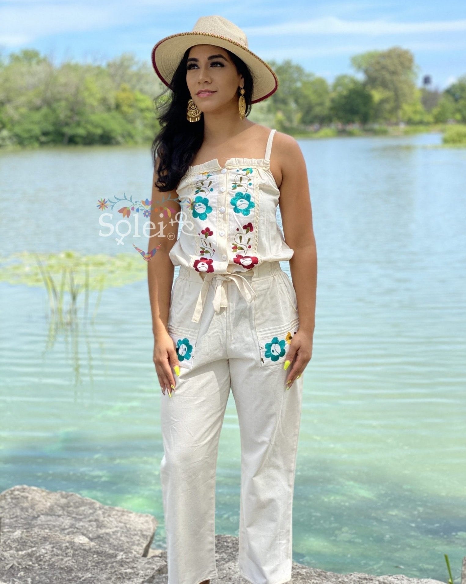 Jumpsuit Marbella. Mexican Floral Hand Embroidered Jumpsuit. - Solei Store