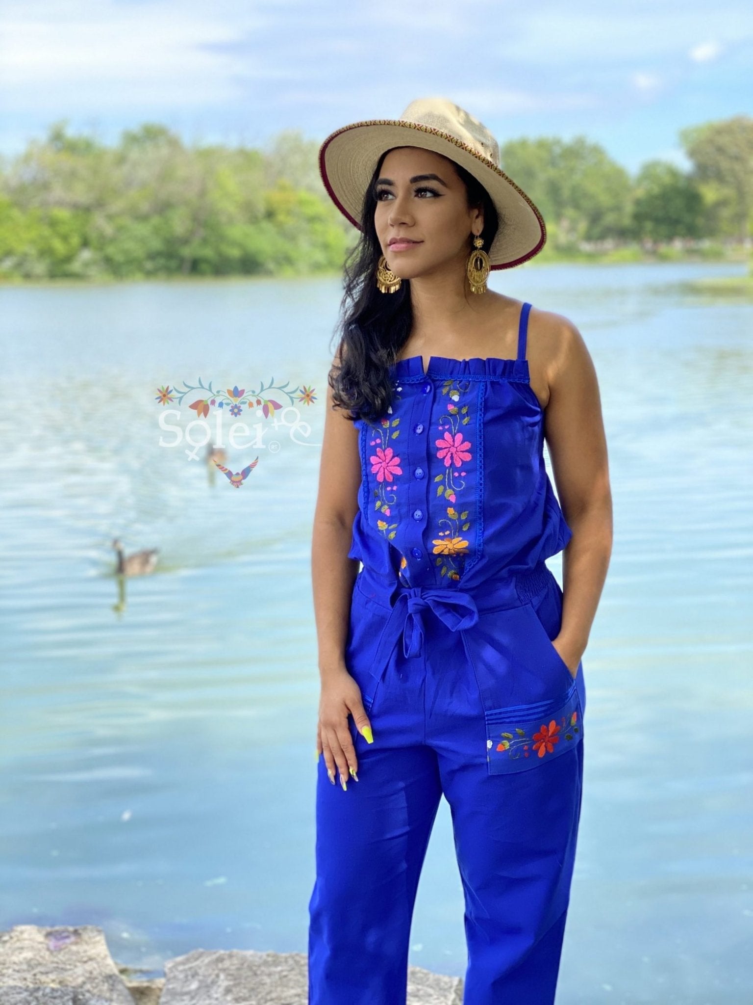 Jumpsuit Marbella. Mexican Floral Hand Embroidered Jumpsuit. - Solei Store