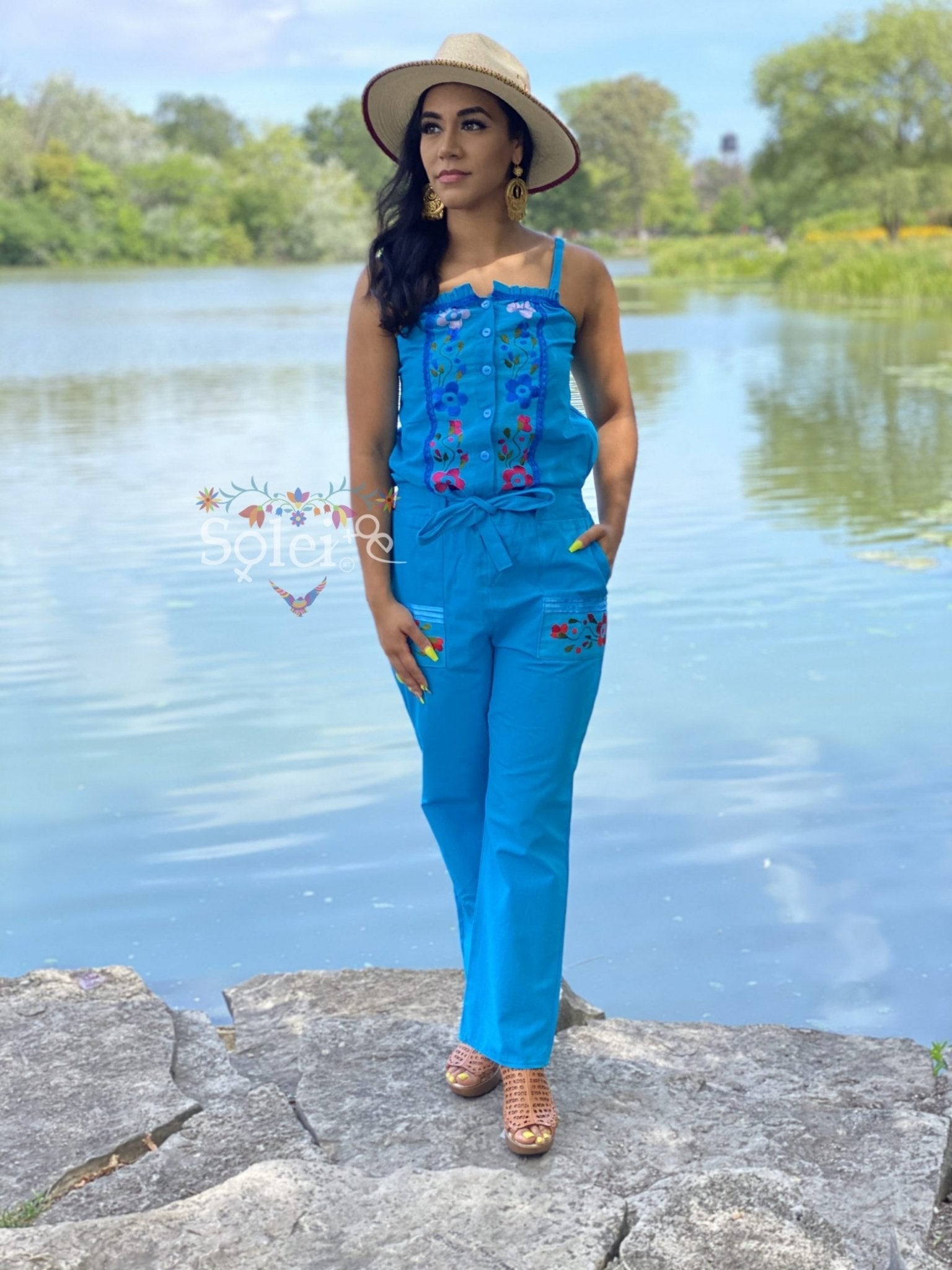 Jumpsuit Marbella. Mexican Floral Hand Embroidered Jumpsuit. - Solei Store