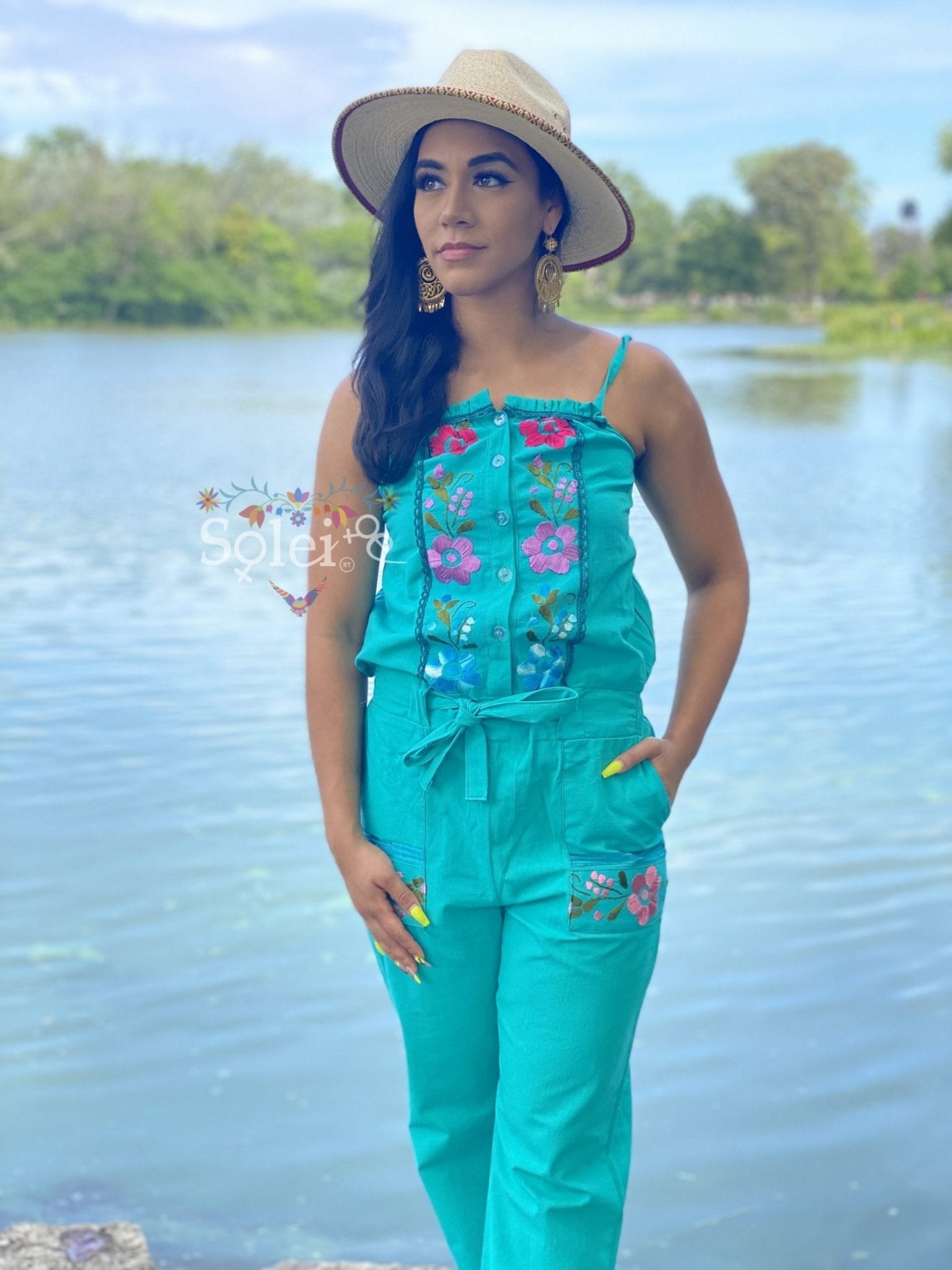 Jumpsuit Marbella. Mexican Floral Hand Embroidered Jumpsuit. - Solei Store