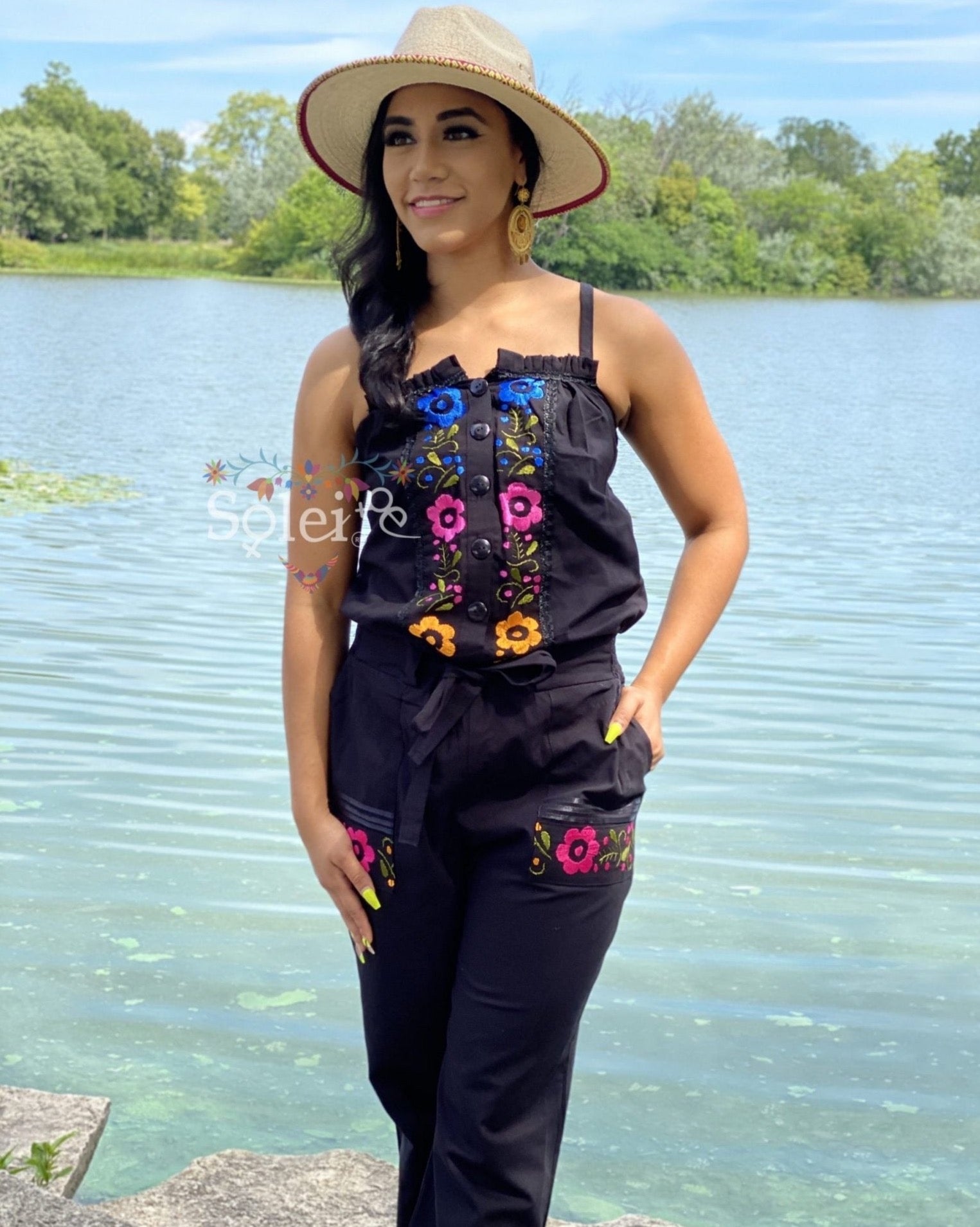 Jumpsuit Marbella. Mexican Floral Hand Embroidered Jumpsuit. - Solei Store