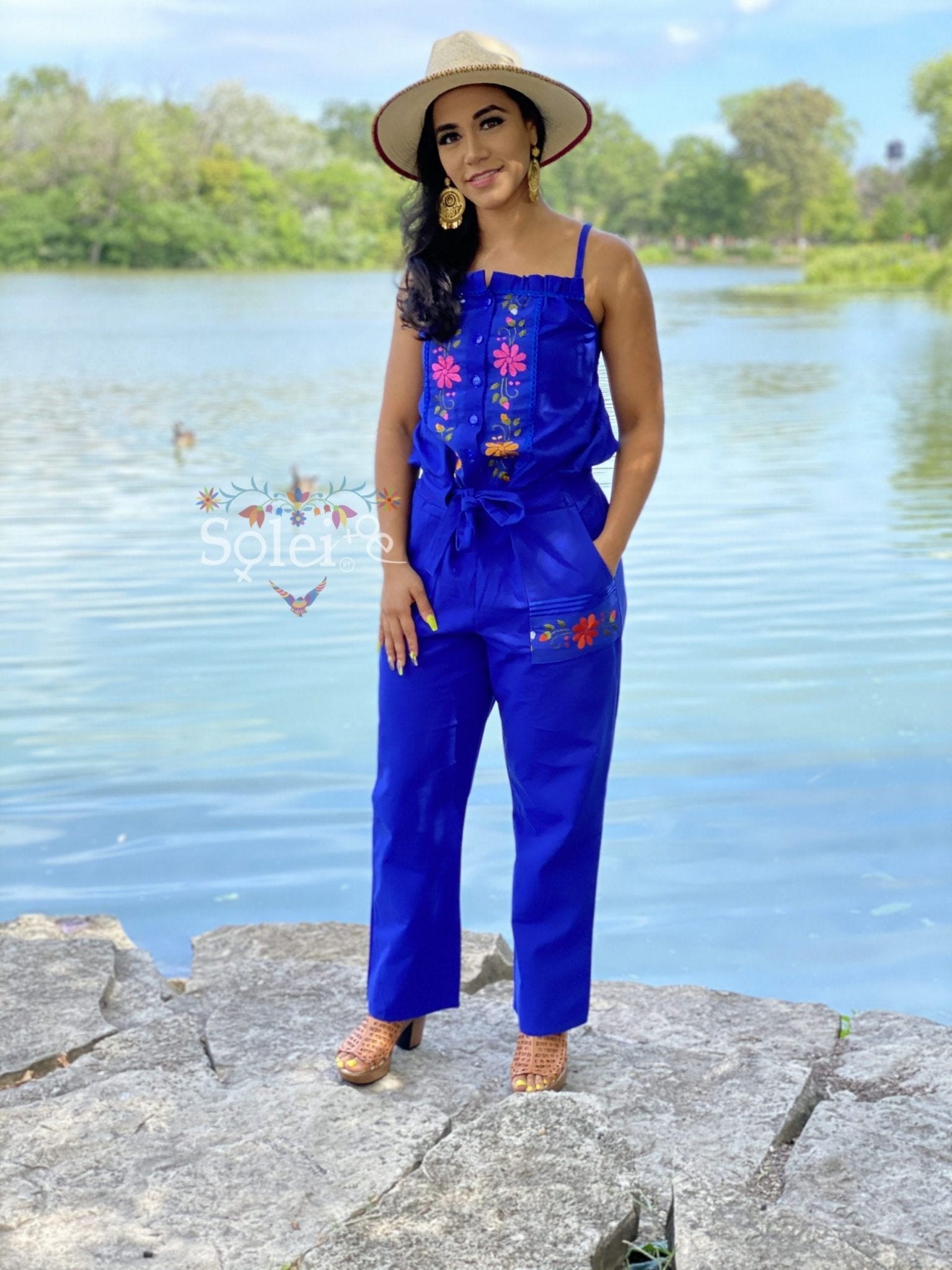 Jumpsuit Marbella. Mexican Floral Hand Embroidered Jumpsuit. - Solei Store