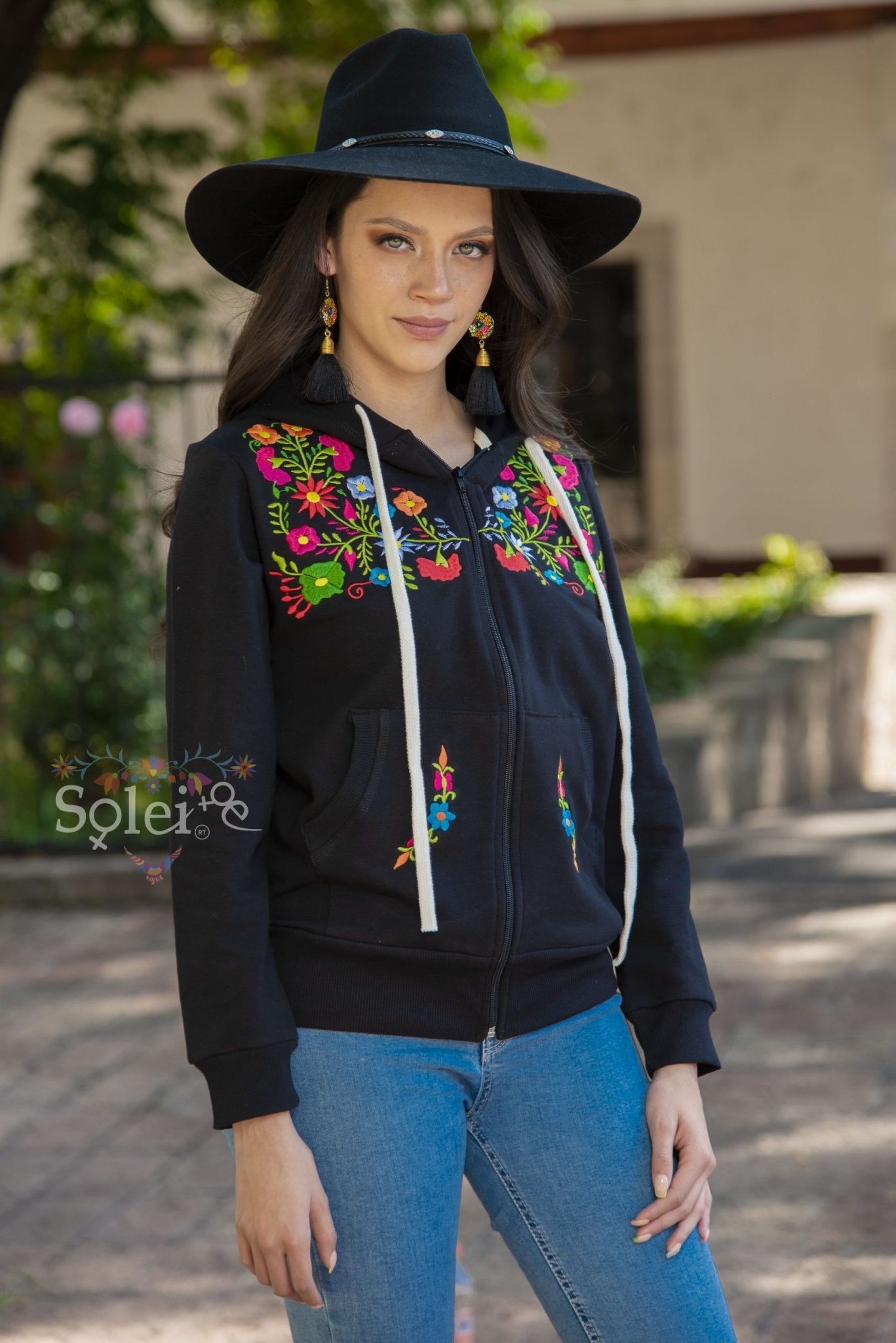Karen Classic full zip hoodie floral Mexican design embroidered - Solei Store