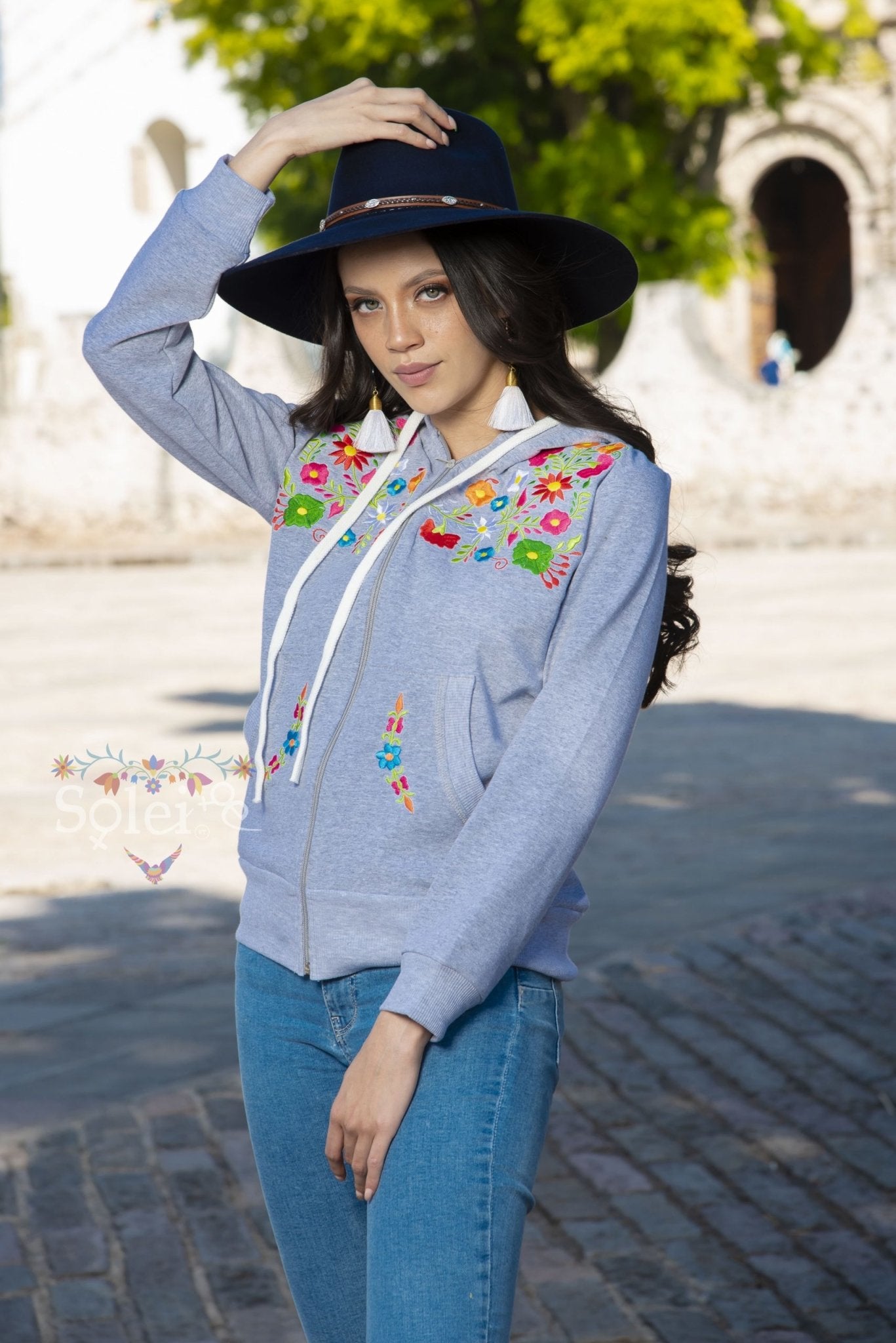 Karen Classic full zip hoodie floral Mexican design embroidered - Solei Store