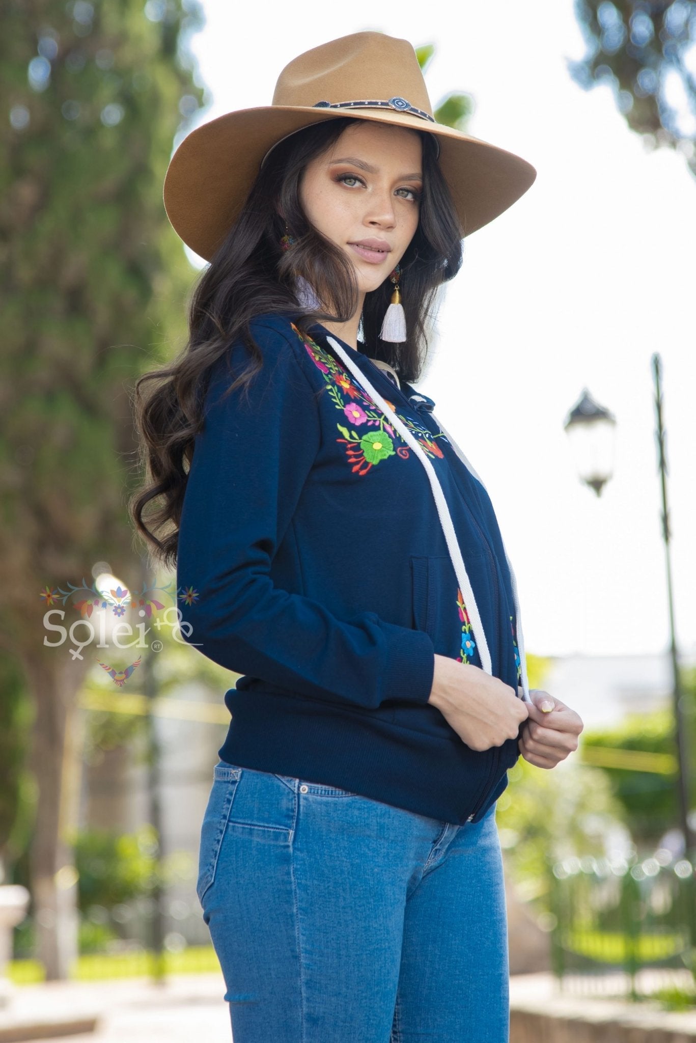 Karen Classic full zip hoodie floral Mexican design embroidered - Solei Store