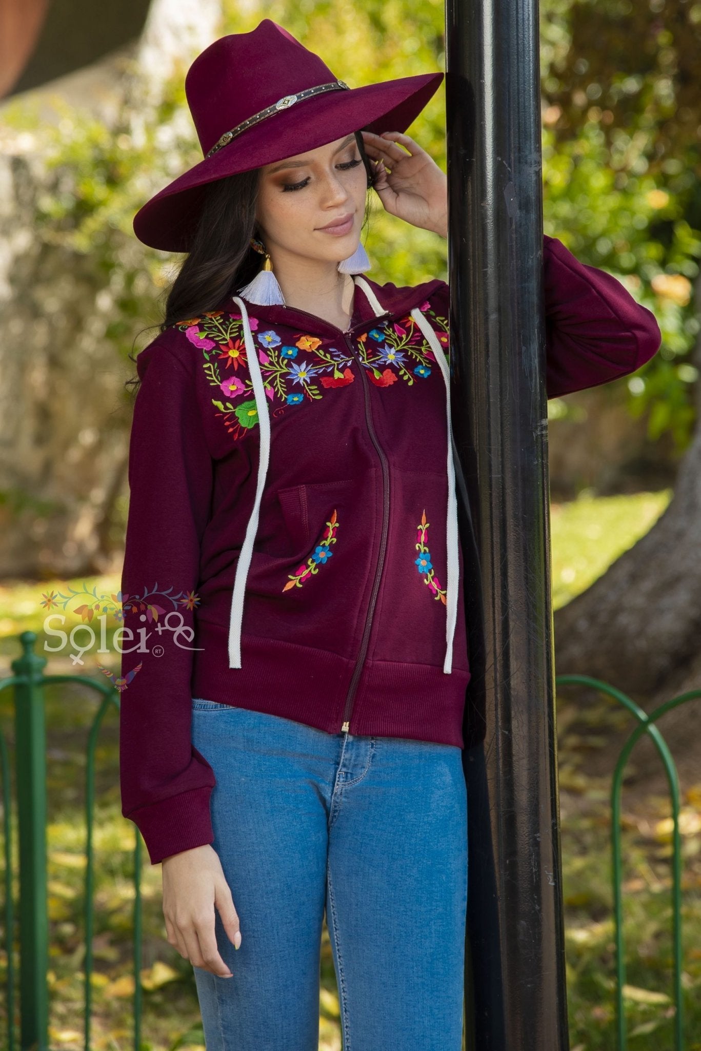 Karen Classic full zip hoodie floral Mexican design embroidered - Solei Store