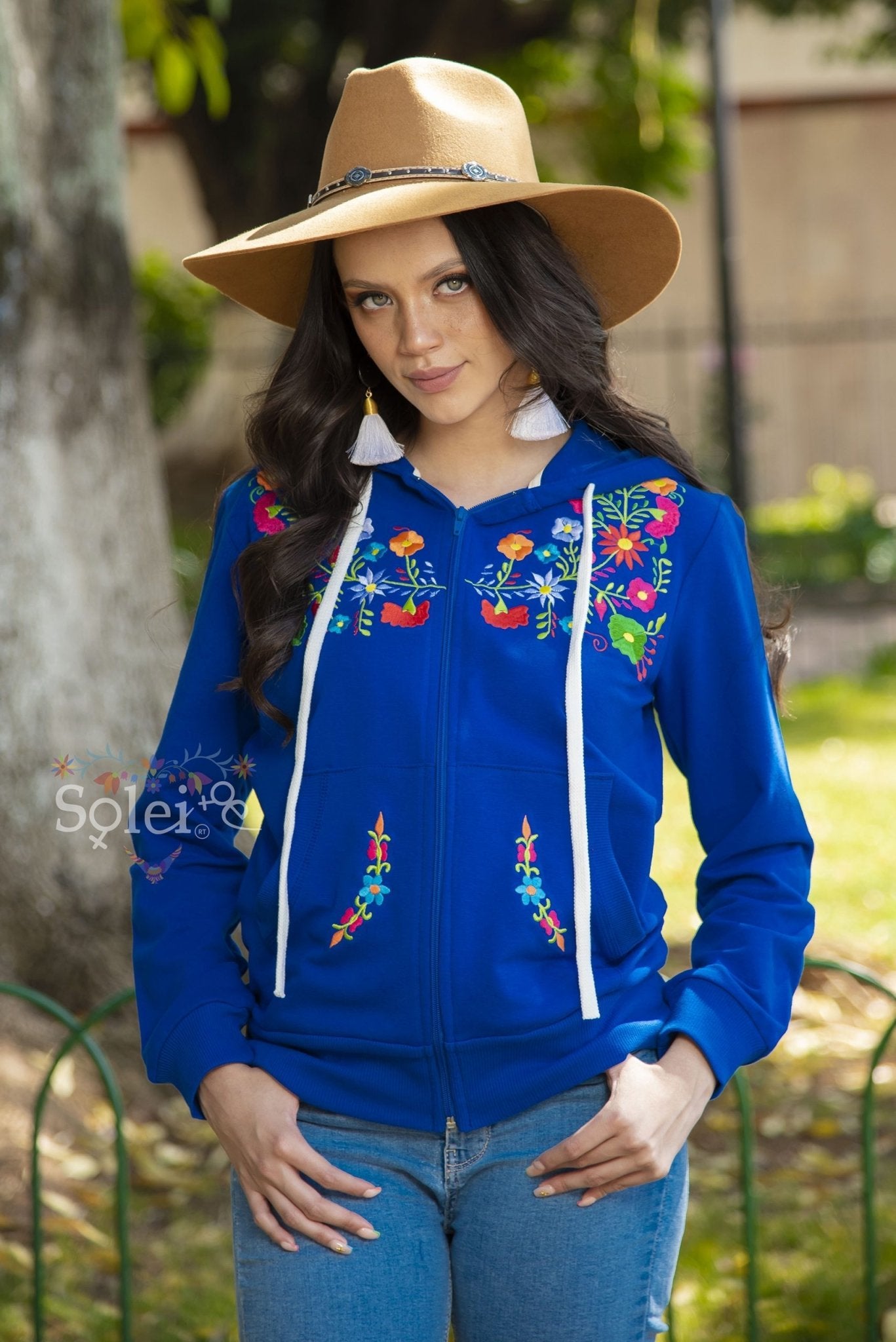 Karen Classic full zip hoodie floral Mexican design embroidered - Solei Store