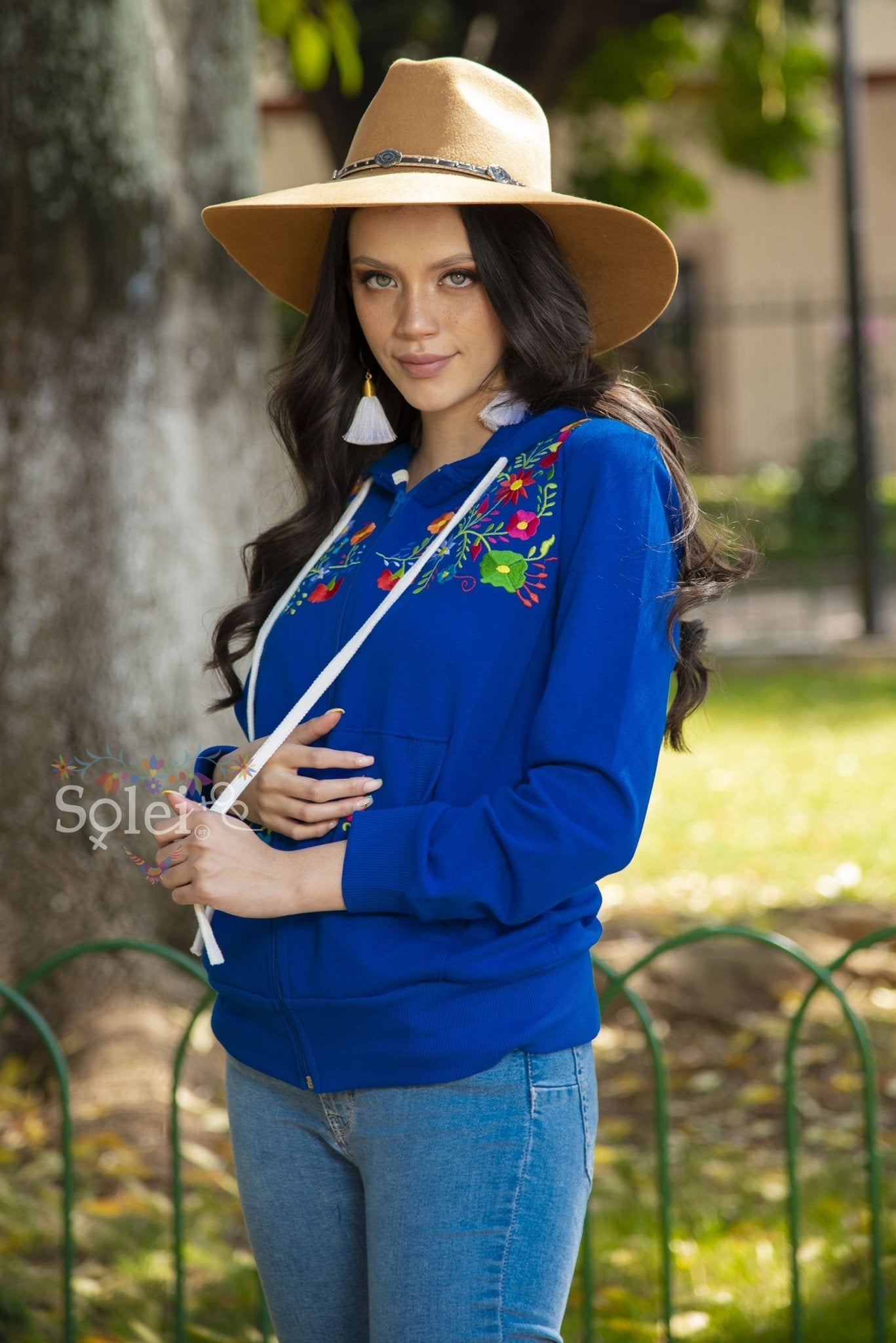 Karen Classic full zip hoodie floral Mexican design embroidered - Solei Store