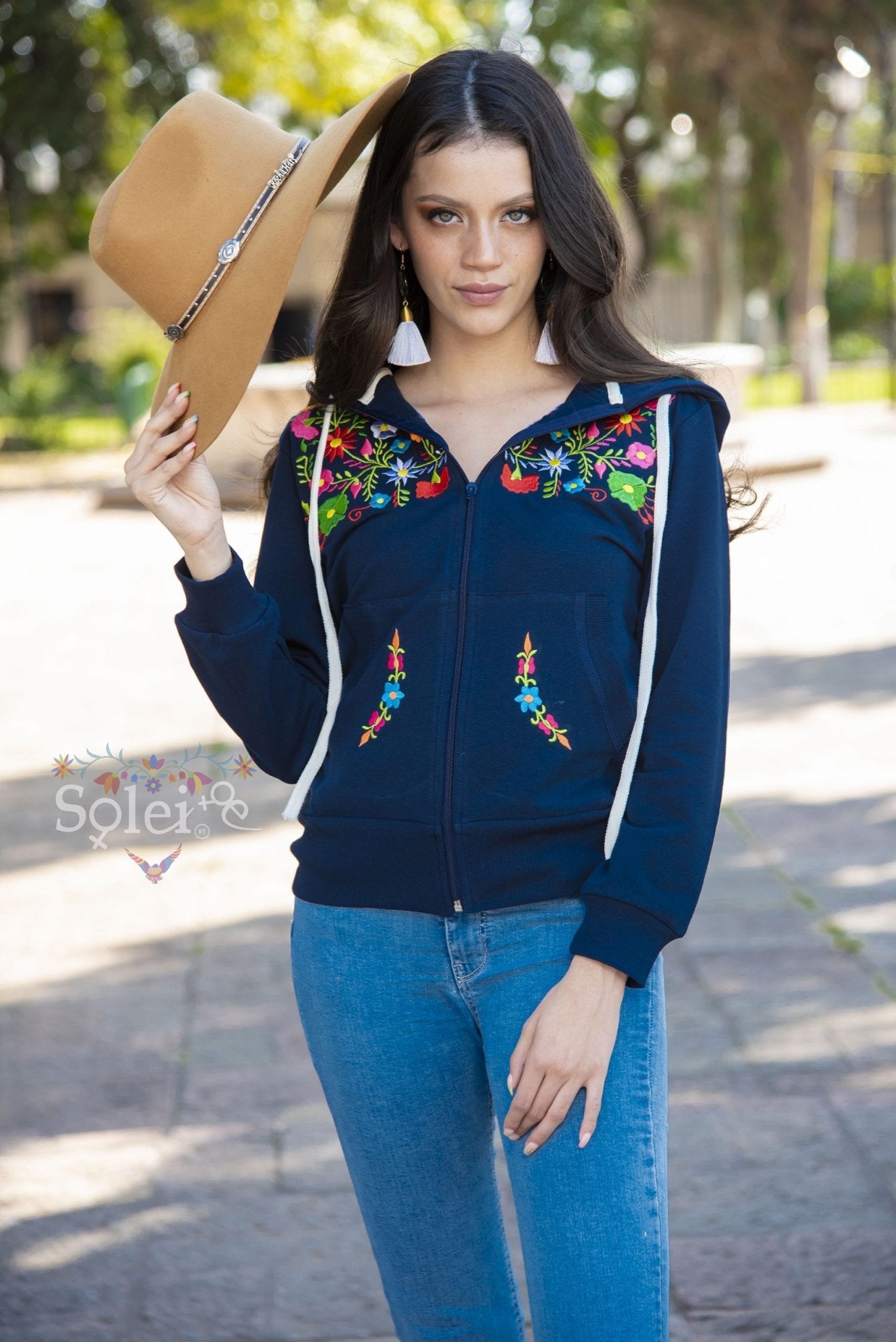 Karen Classic full zip hoodie floral Mexican design embroidered - Solei Store