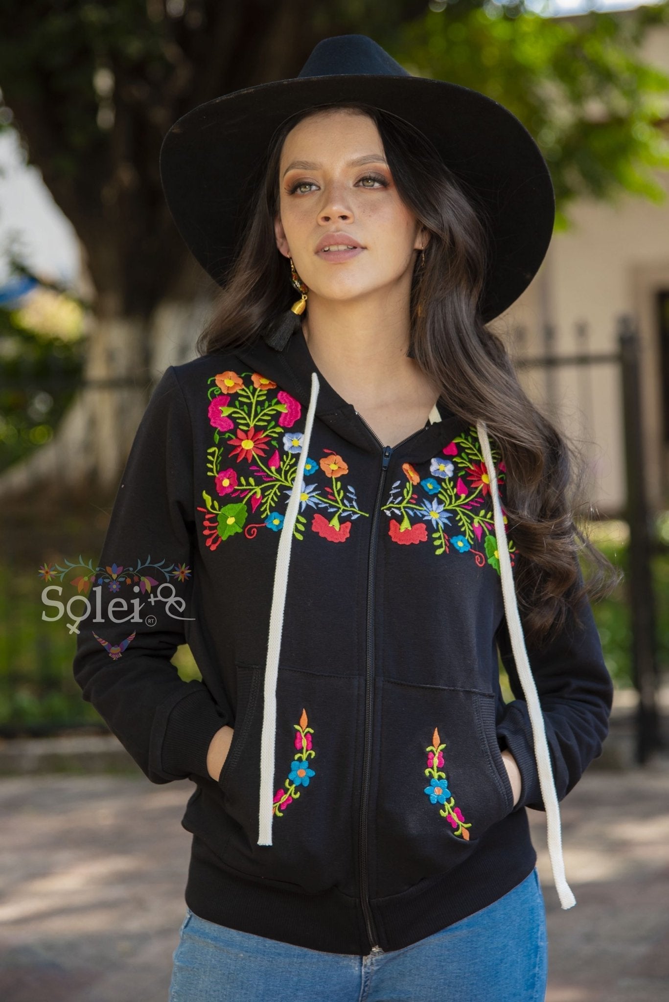 Karen Classic full zip hoodie floral Mexican design embroidered - Solei Store