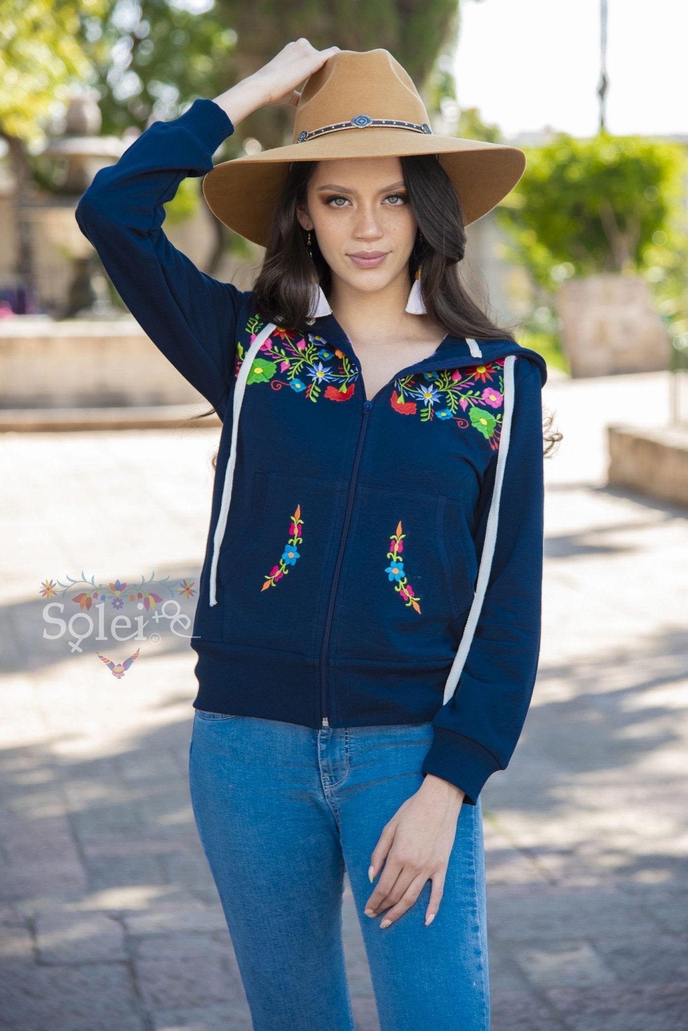 Karen Classic full zip hoodie floral Mexican design embroidered - Solei Store