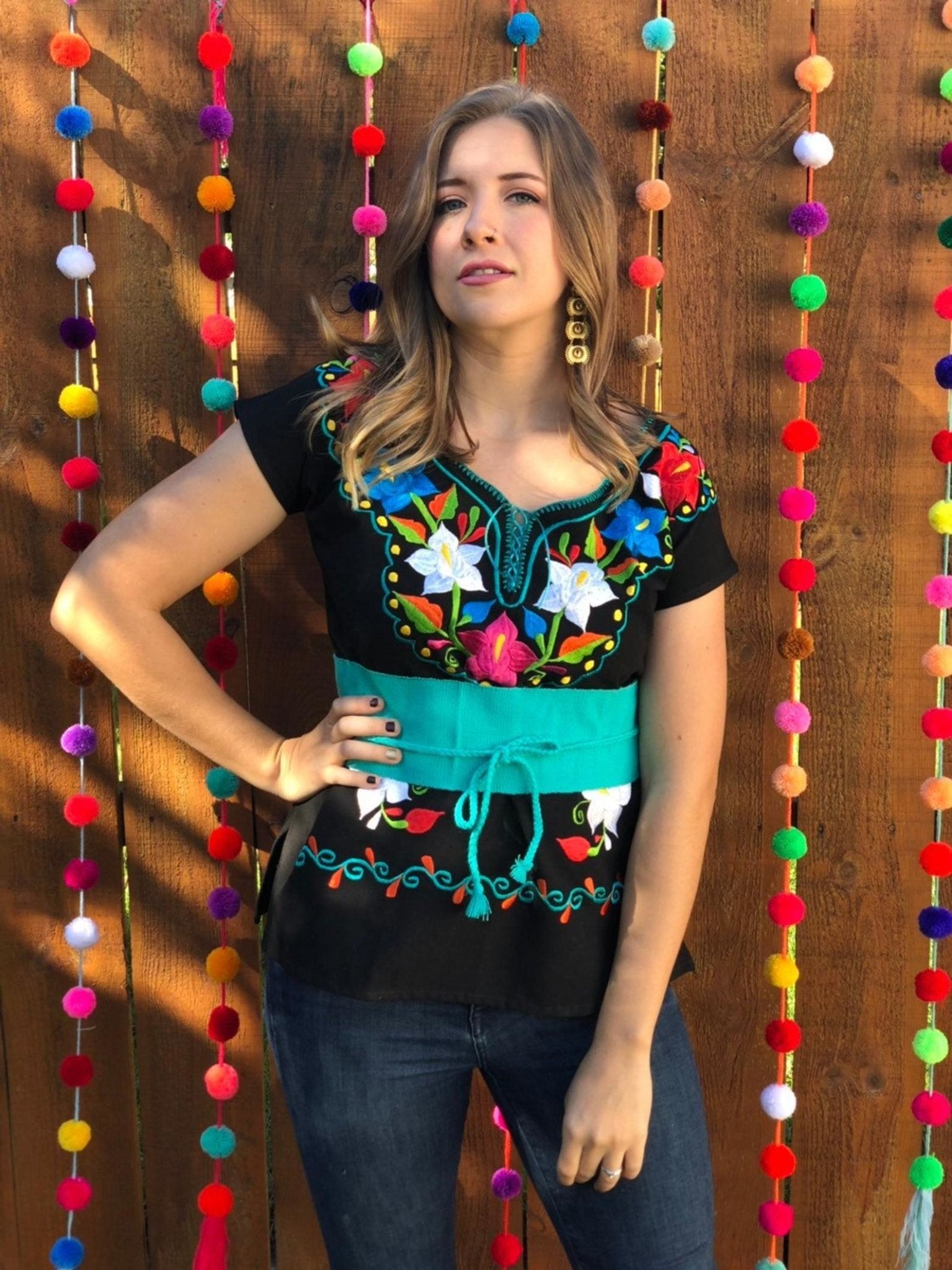 Kimona Blouse Elegant embroidered black blouse. Short sleeve blouse, classic design with colorful embroidered flowers. - Solei Store